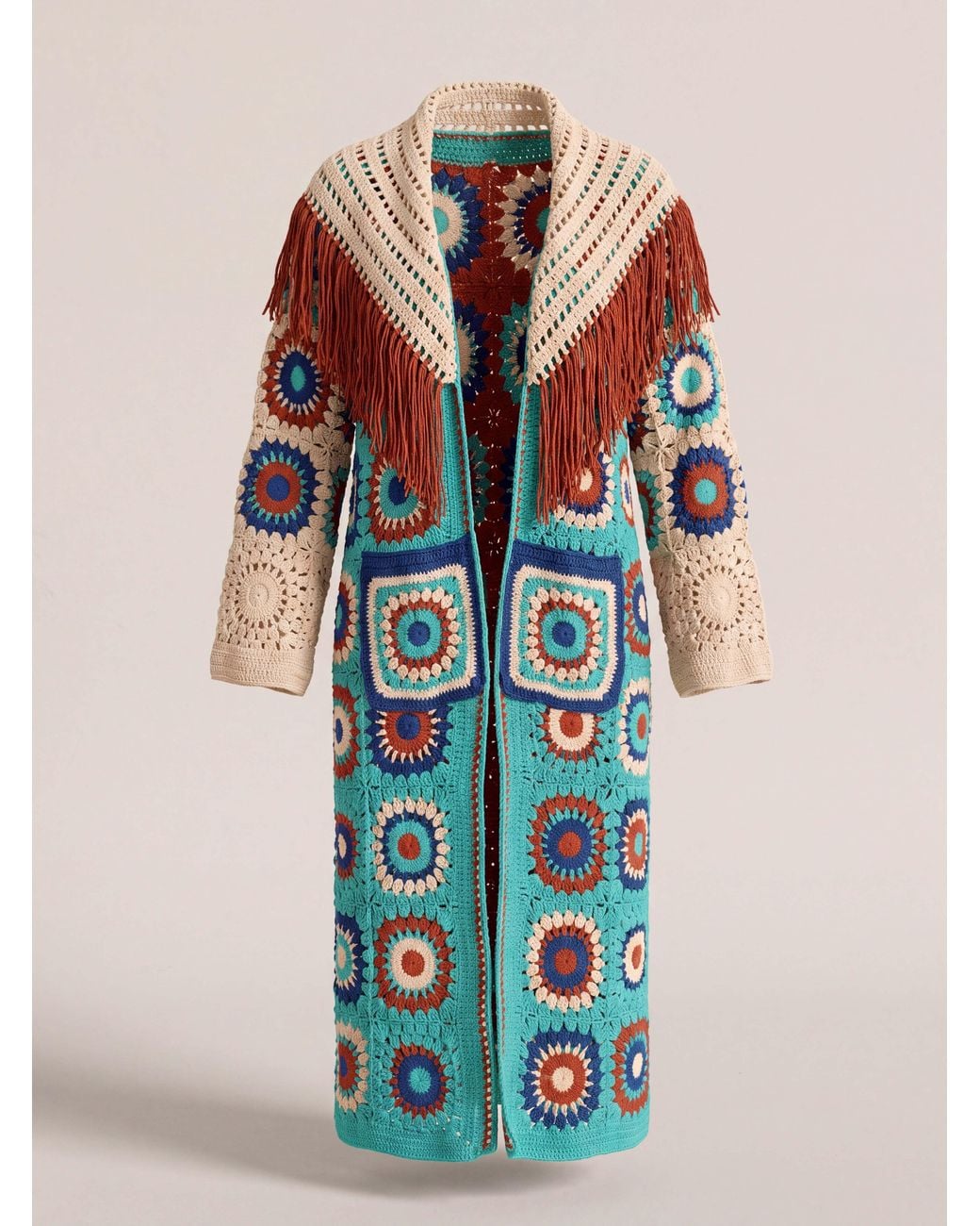 Ana Chic Blue Fringed Handmade Crochet Maxi Cardigan