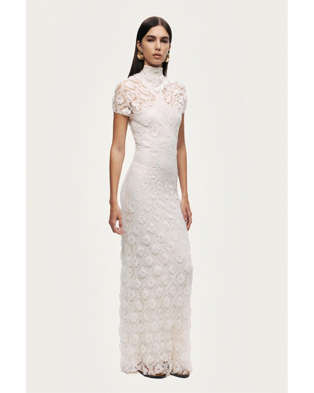 Nocturne White High-Neck Lace Maxi Dress
