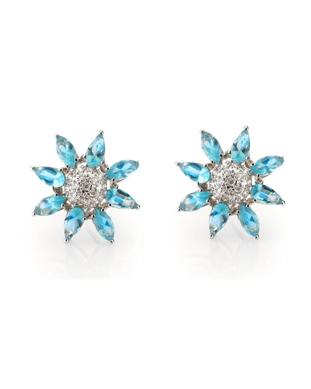 Genevive Jewelry Blue Cubic Zirconia Sterling Rhodium Plated Topaz Flower Shape Earrings