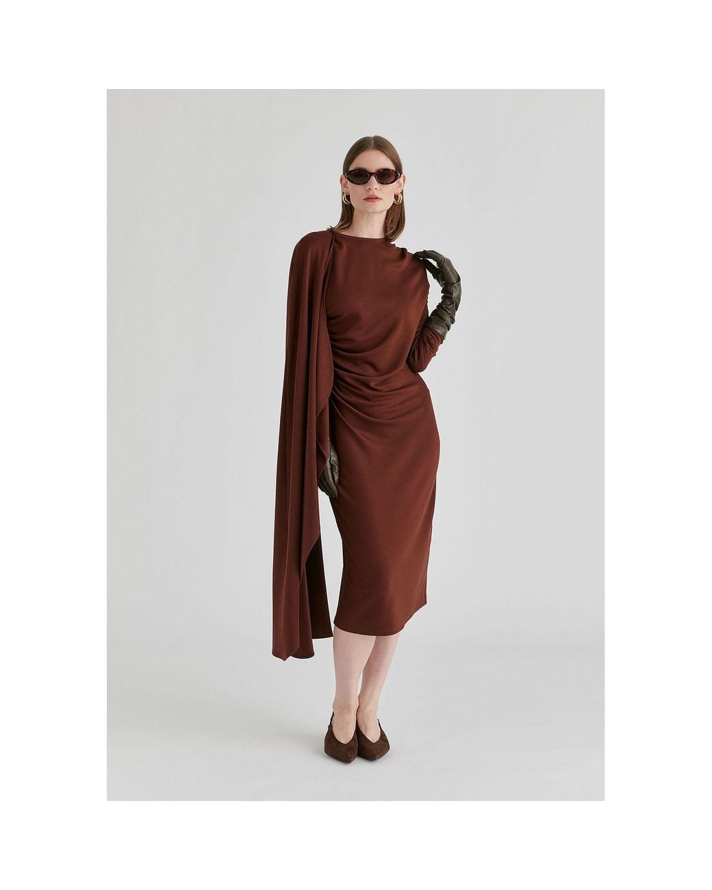 Paisie Brown Asymmetrical Cape Sleeve Lyocell Jersey Midi Dress