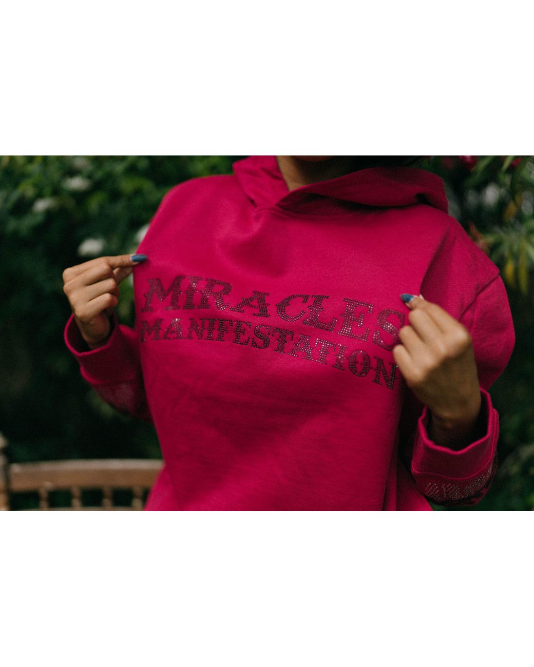 Miracles Manifester Red Positive Affirmation Hoodie With Rhinestone Design