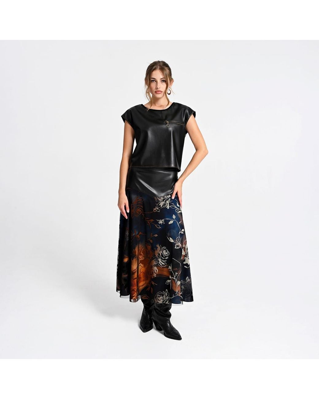 Lalipop Design Black Sleeveless Blouse With Vegan Leather Finish & Zipper Detail