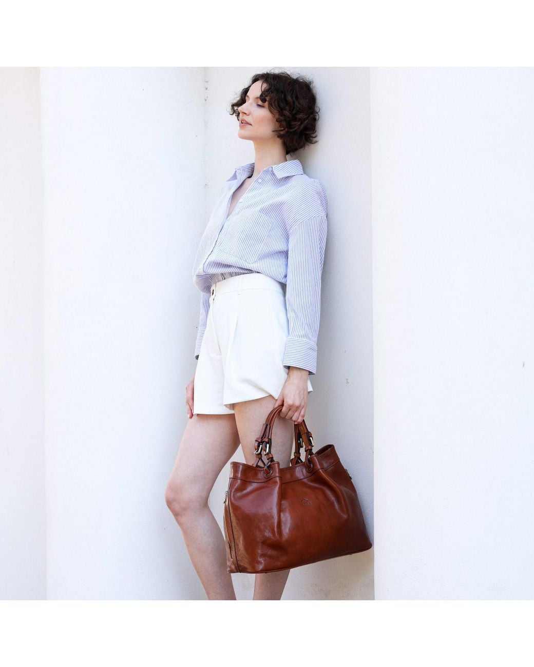 Time Resistance Brown Cognac Leather Tote Bag For