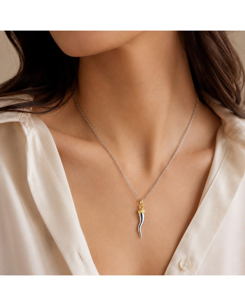 Unaloe Metallic Two Tone Sterling Italian Horn Necklace With Plated Details for men