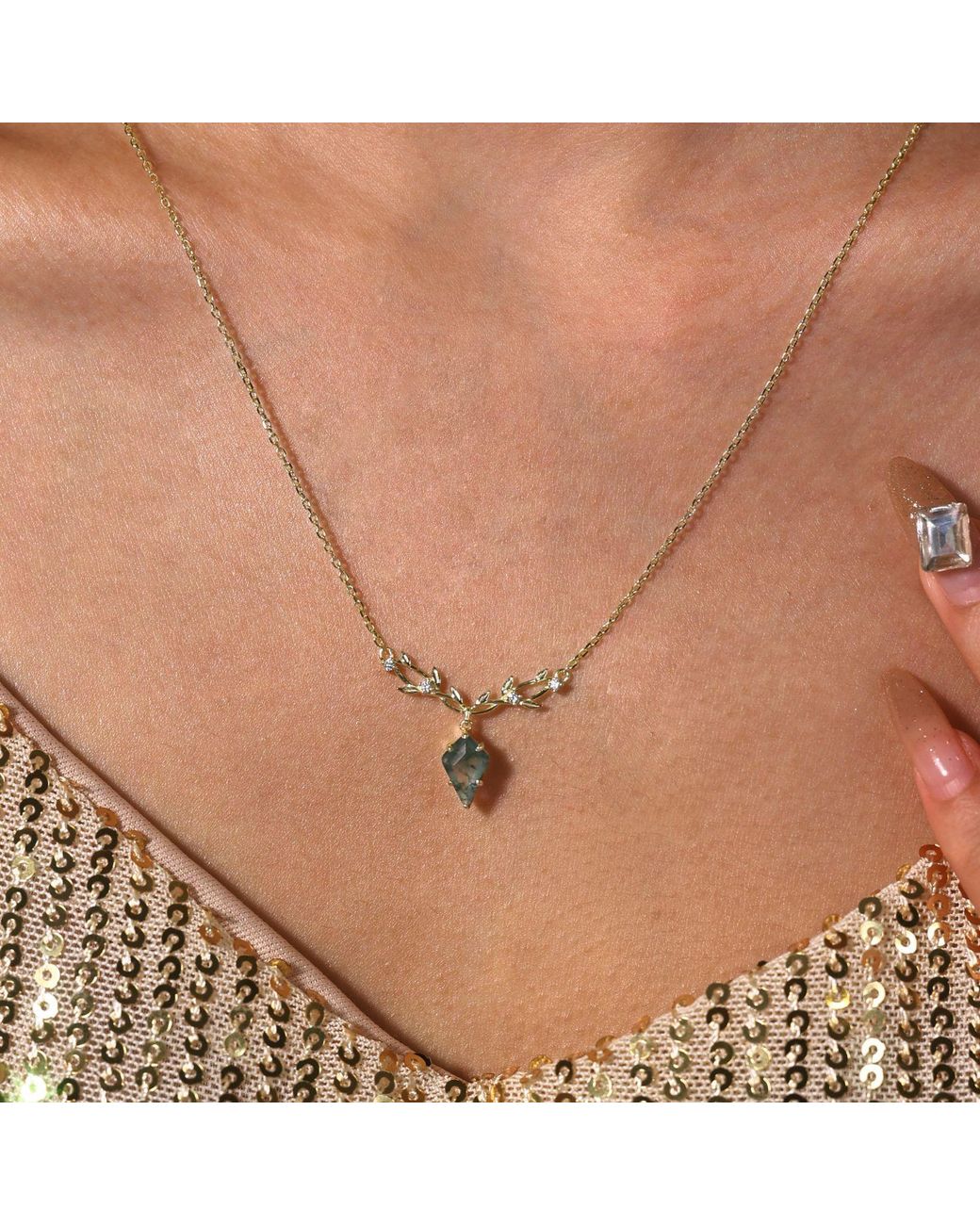 Azura Jewelry New York Metallic Elven Entwine Moss Agate Necklace Vermeil