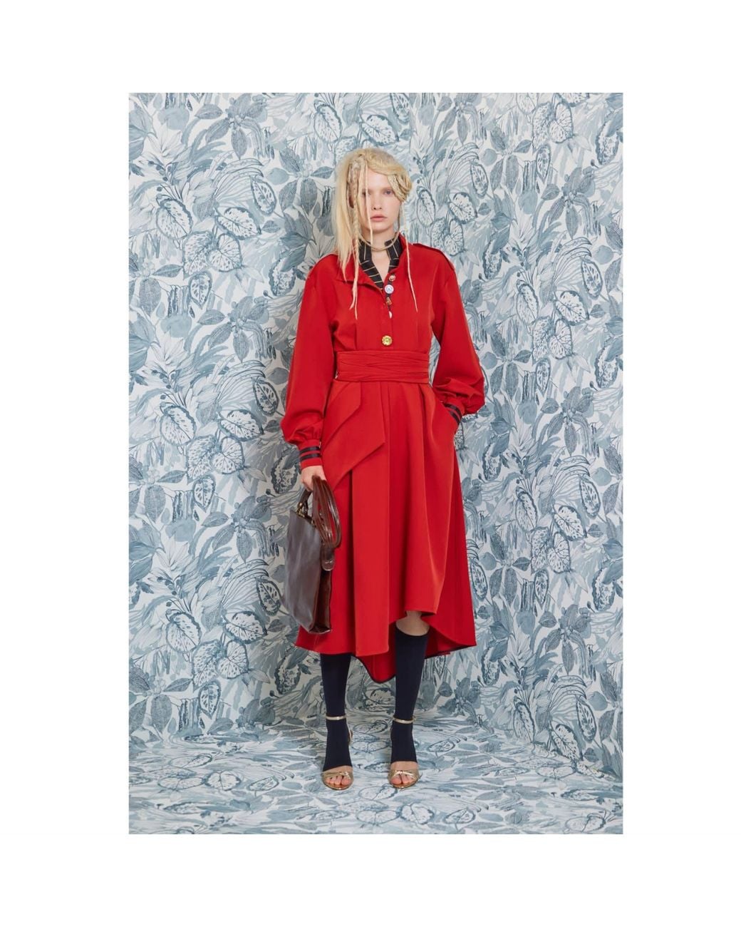 Julia Allert Red Double-Collar Belted A-Line Midi Dress –