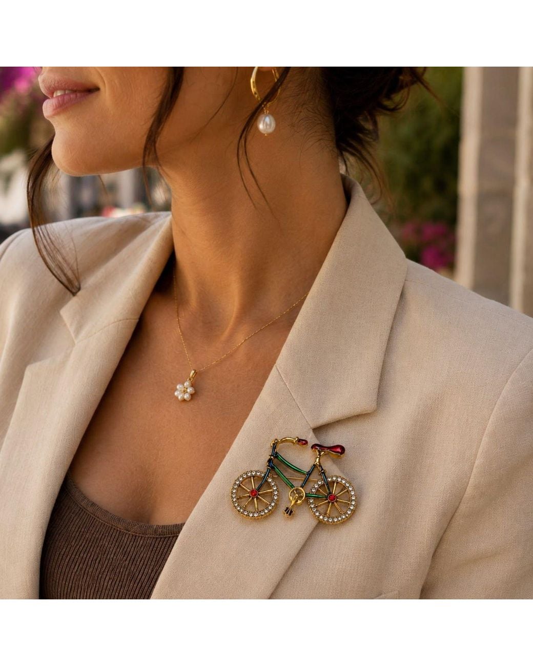 By Ozge Metallic Joyride Colourful Enamel And Zirconia Vintage Tone Bicycle Brooch