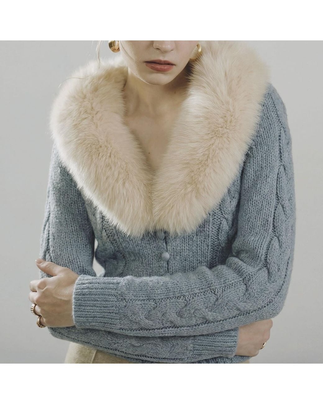 Belsize25 Blue Cashmere-Blend Faux Fur Collar Cable-Knit Cardigan
