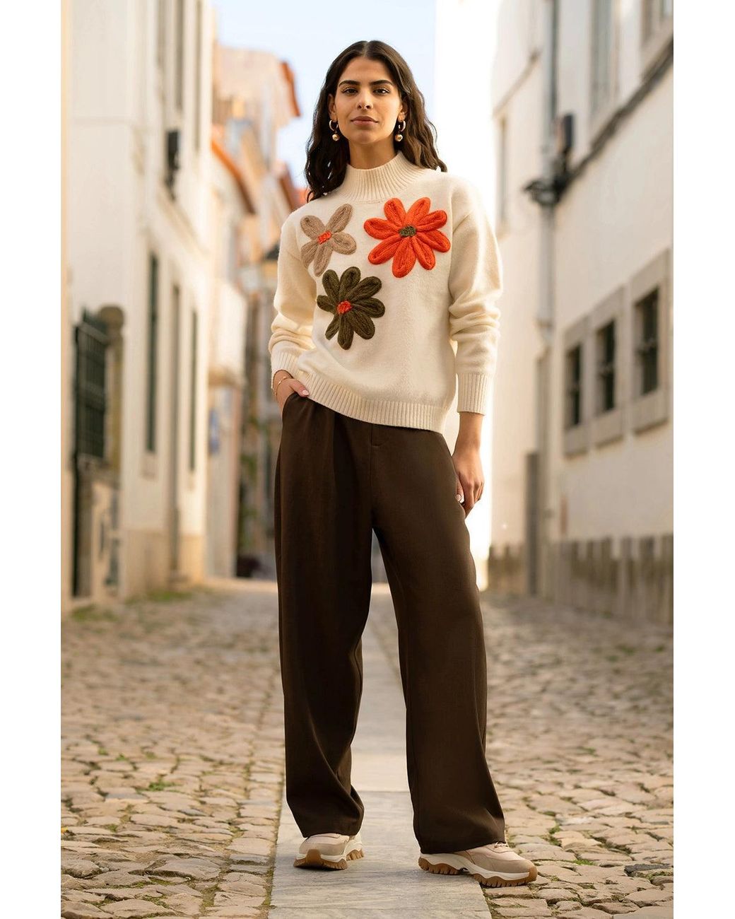 Yumi' White Ivory Knitted High Neck Jumper With Applique Flowers