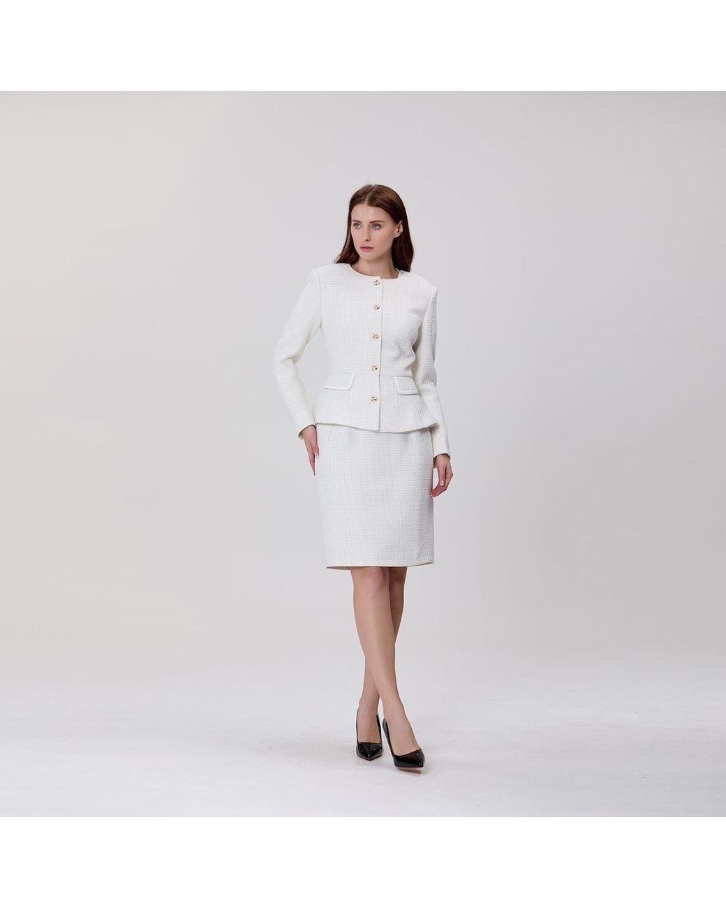 Smart and Joy White Textured Tailored Jacket With Jewelled Buttons