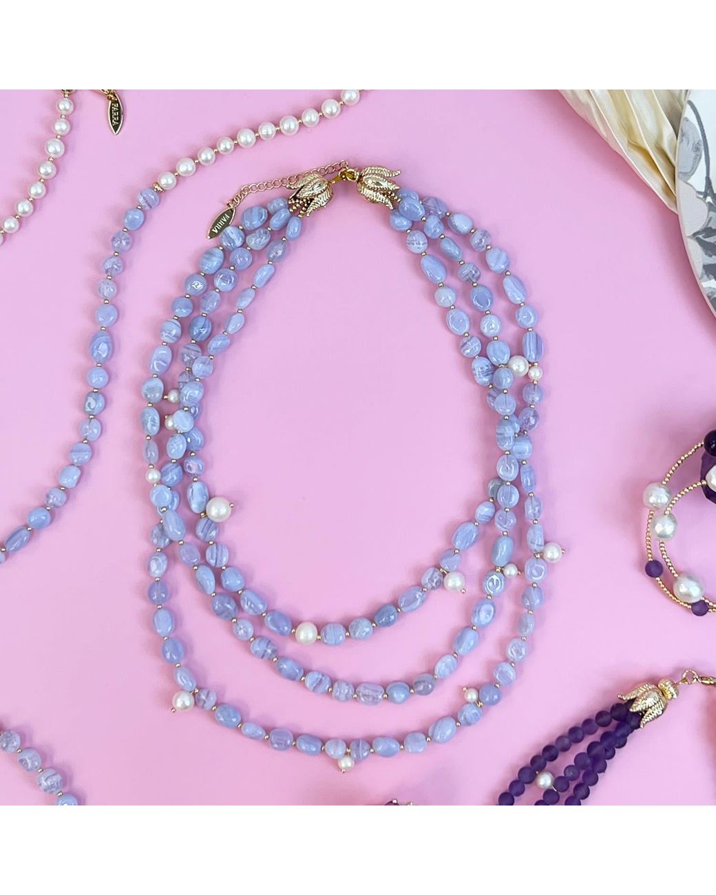 Farra Blue Multi-Layers Lace Agate With Pearls Necklace