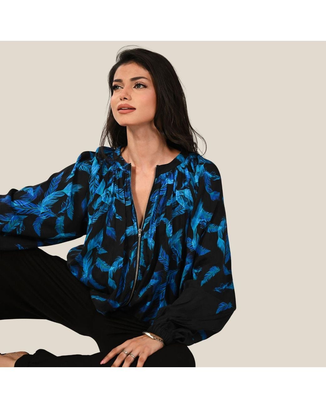 Rose & Nancy Blue Lille Feather Print Zip Front Light Bomber Jacket