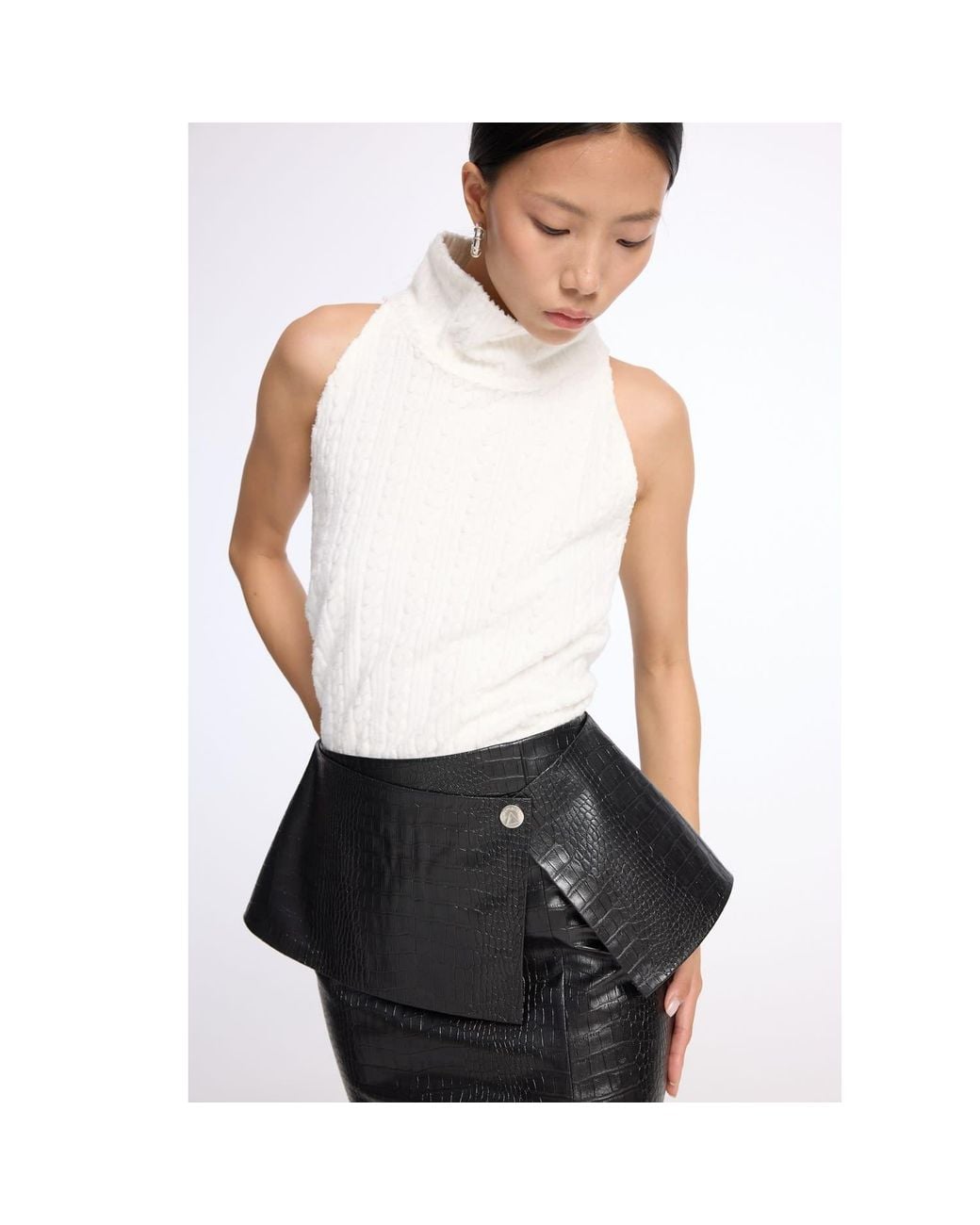 Mirimalist Black Croco Leather Midi Skirt