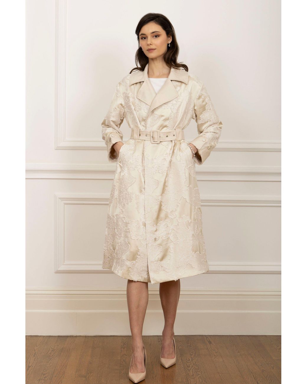 Santinni Natural Neutrals Charmed Satin Jacquard Trench Coat