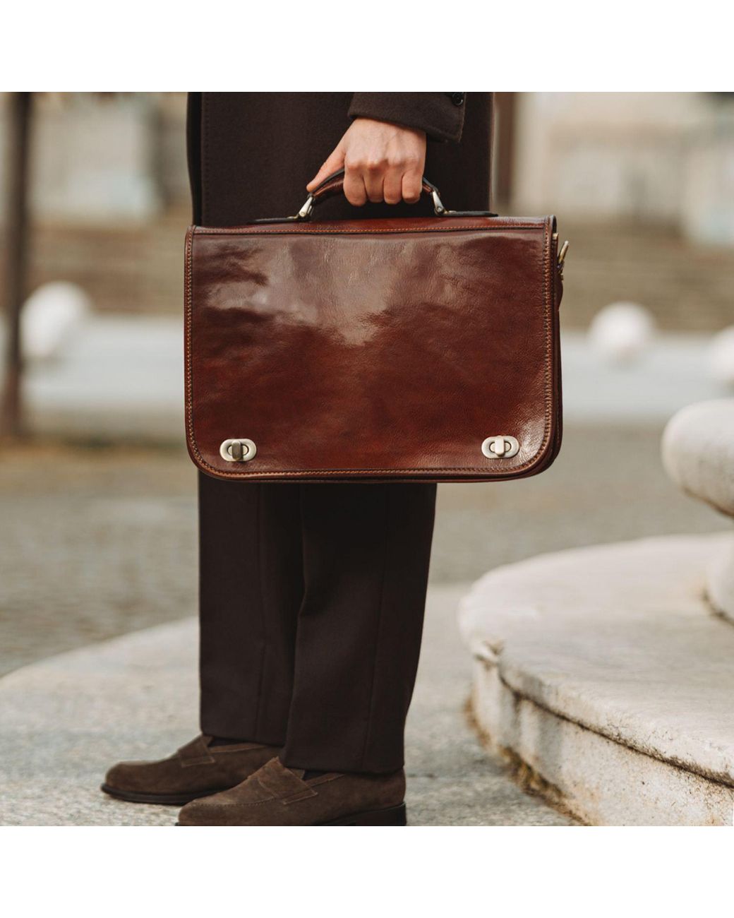 Time Resistance Brown Leather Briefcase Laptop Bag for men