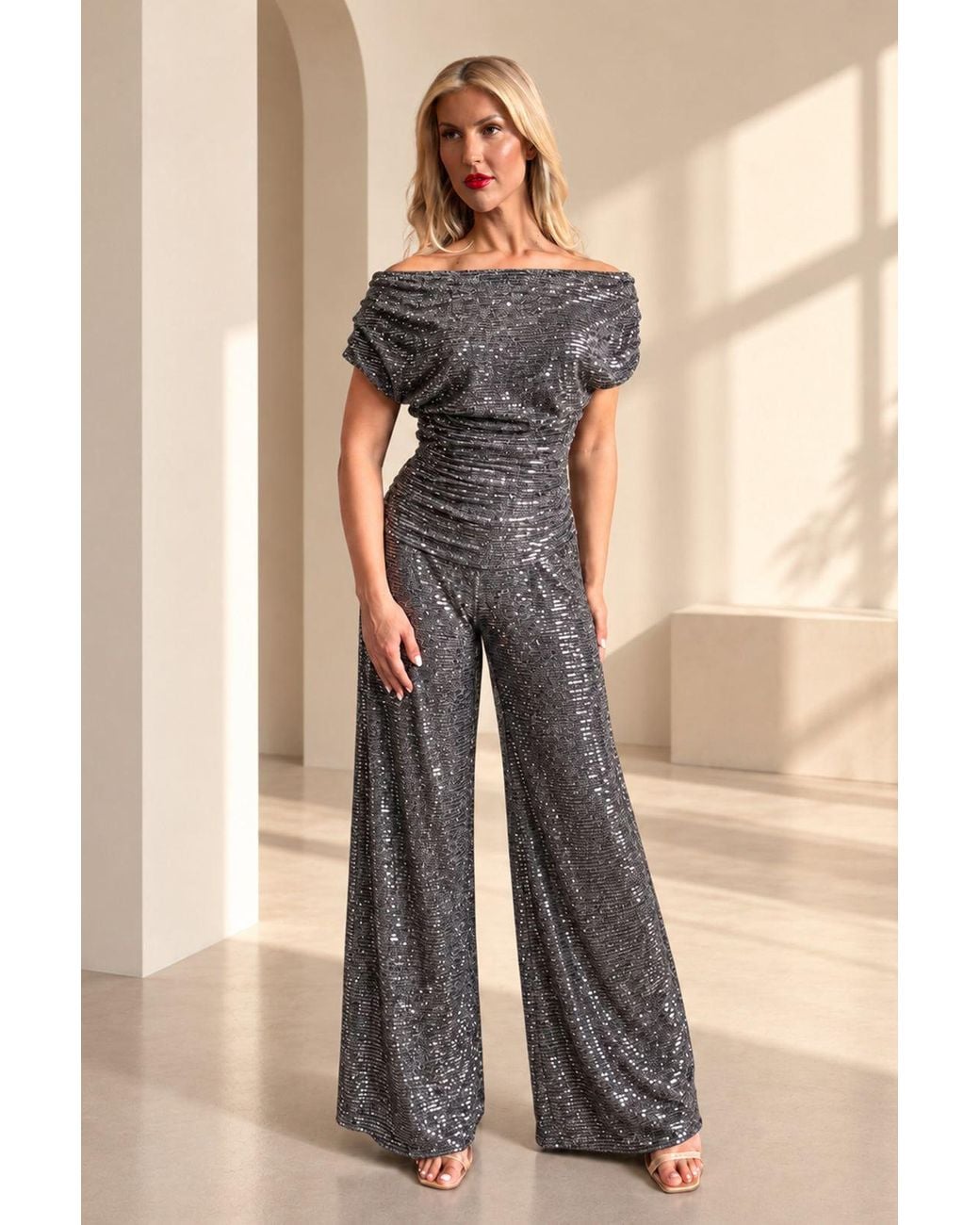 Atom Label Gray Carbon Sequin Bardot Wide Leg Jumpsuit