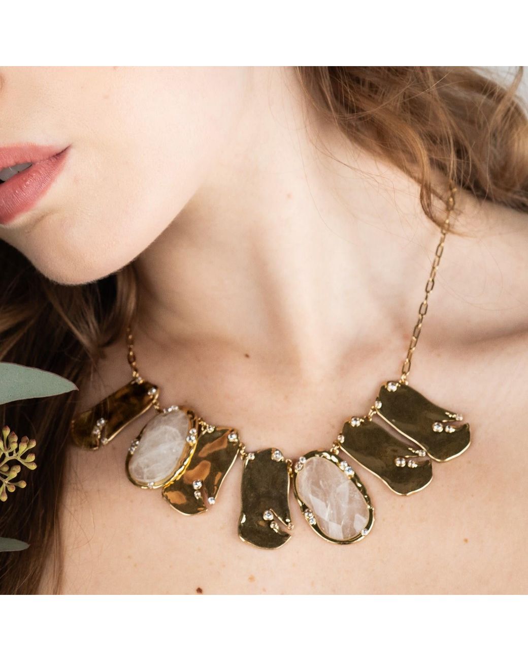 Rare Matters Jewelry Metallic Golden Wave Collar Clear Quartz Statement Necklace