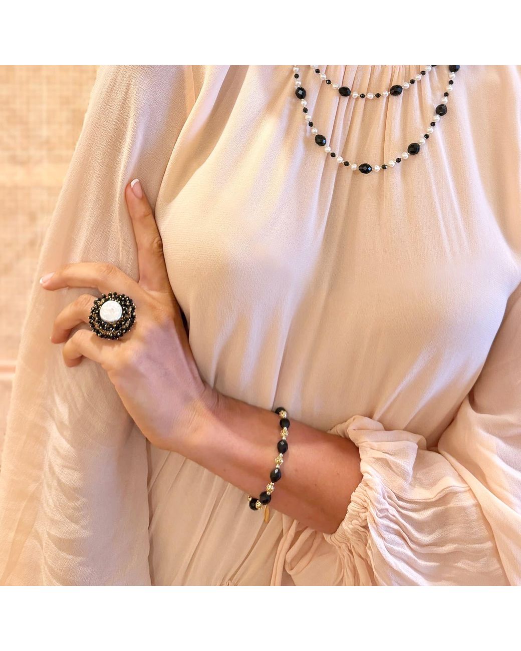 Farra Black Romantic Style Oval Obsidian Adjustable Bracelet