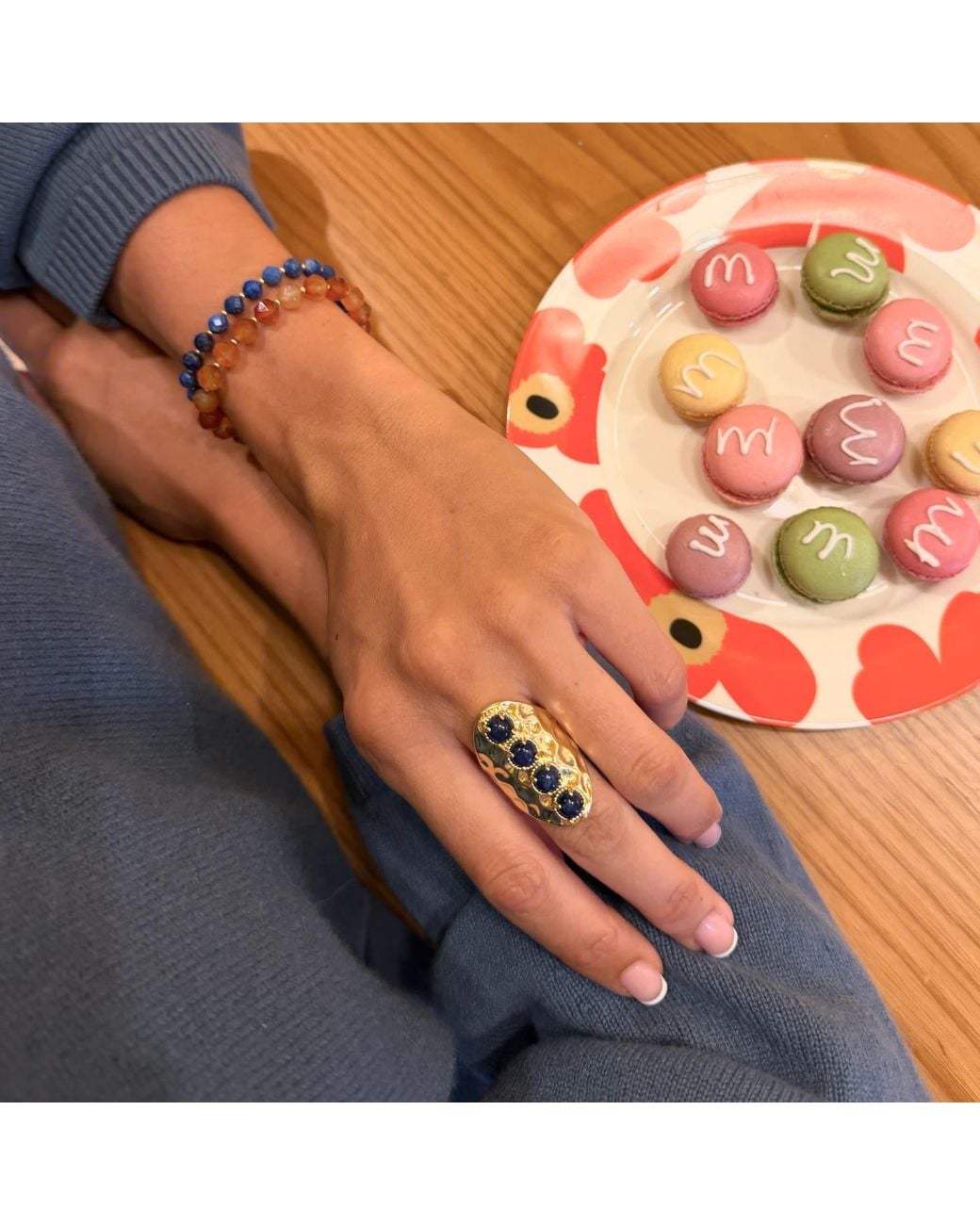 Farra Metallic Vintage Style Lapis Stone Chunky Ring Adjustable