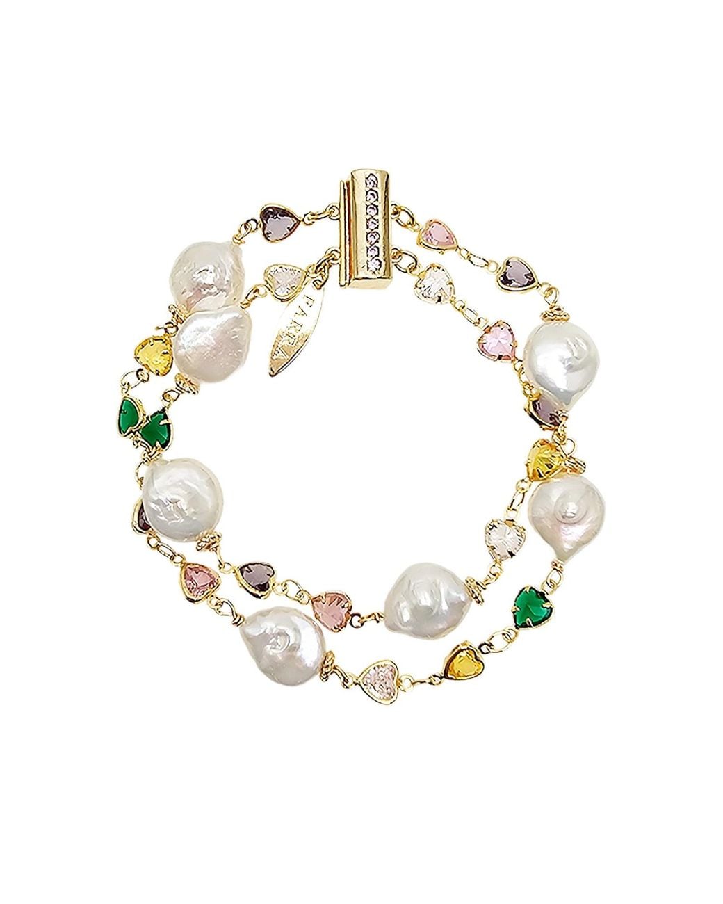 Farra Metallic Colorful Zircon With Irregular Flat Baroque Pearls Double Layers Bracelet