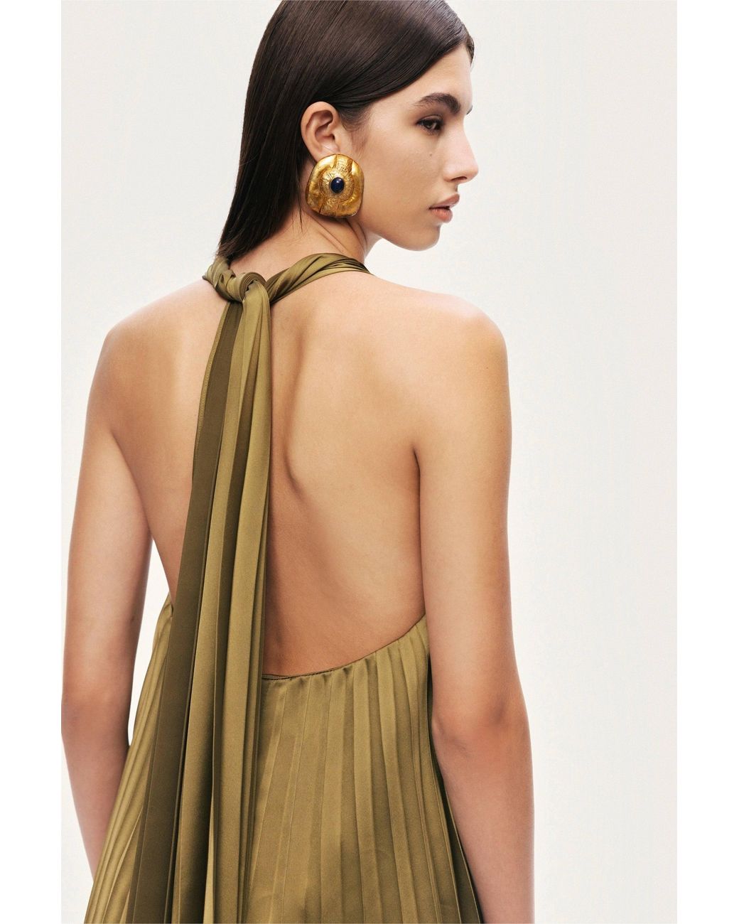Nocturne Green Neutrals Pleated Halter Maxi Dress