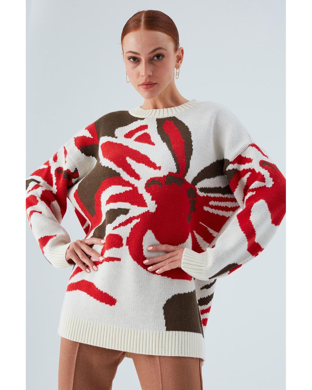 Peraluna Red Polina Floral Long Pullover