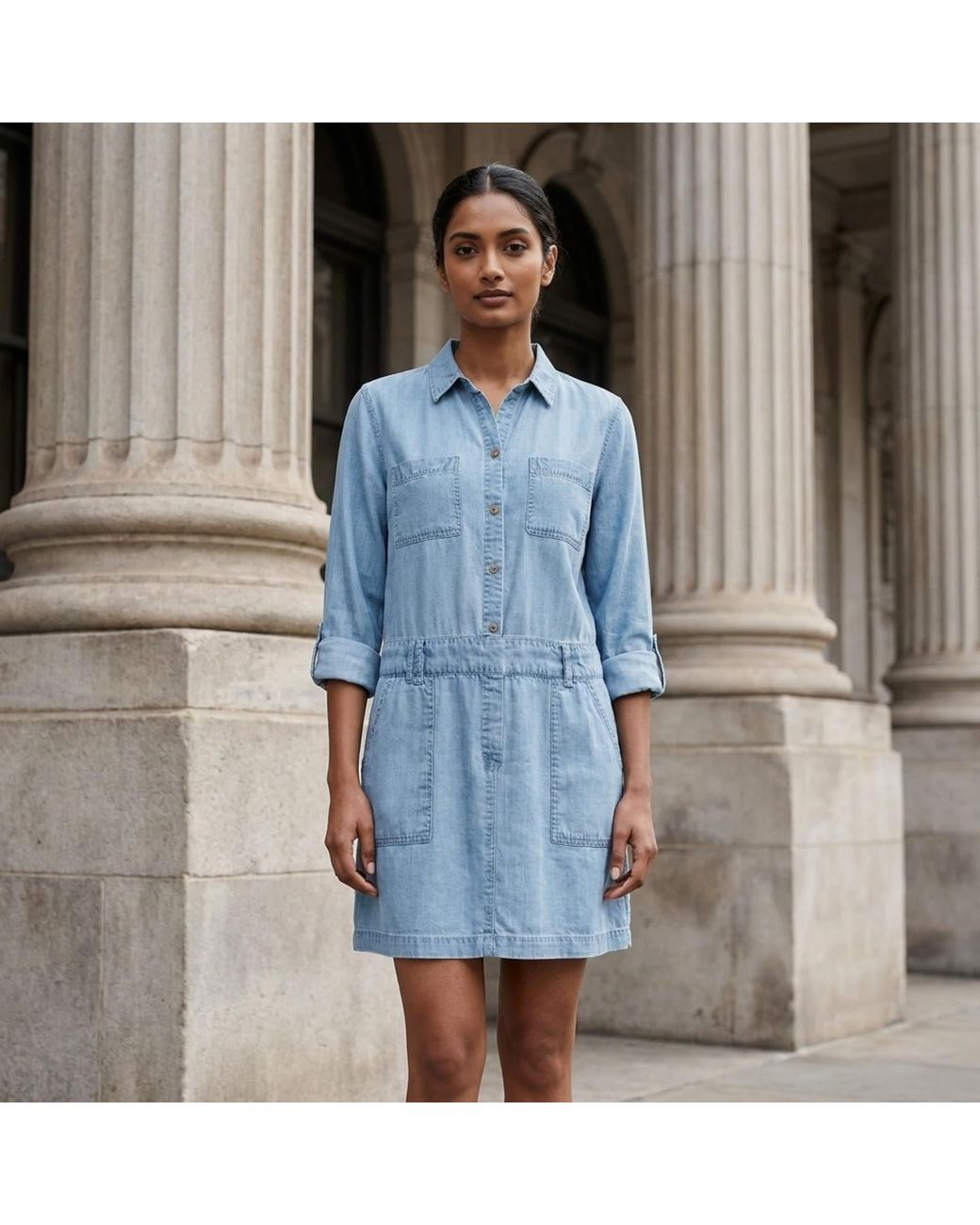 Modenaire Blue Denim Mini Dress Structured Button Front