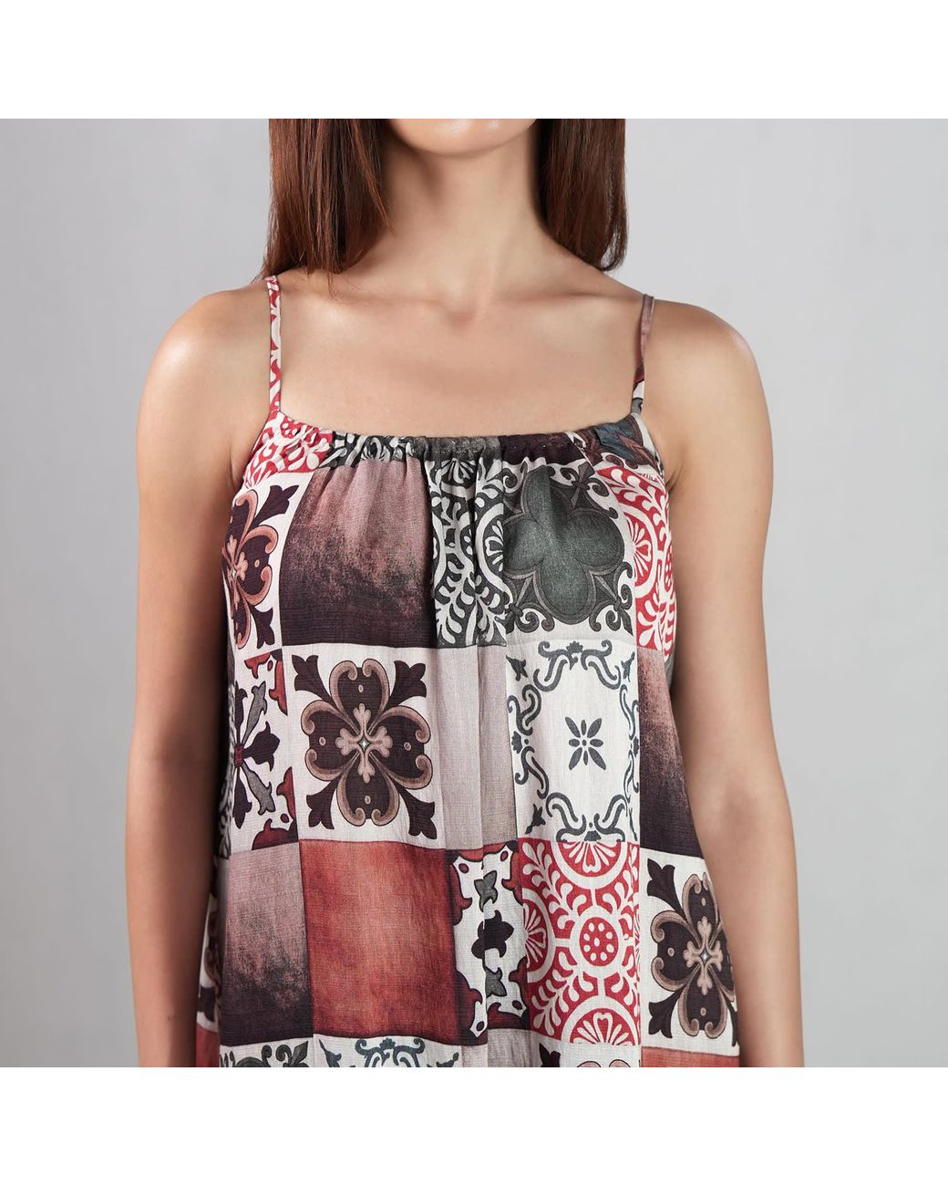 DHARA SHETH DUBAI Red Celestial Tesserae Mosaic Print Spaghetti Strap Cotton Maxi Dress