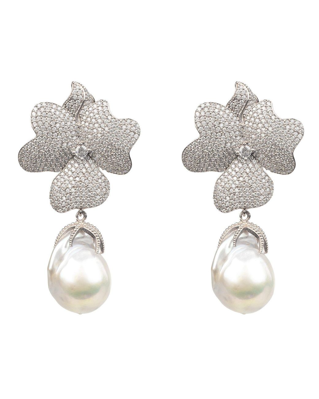 Latelita London Metallic Baroque Pearl Flower Clip On Drop Earrings