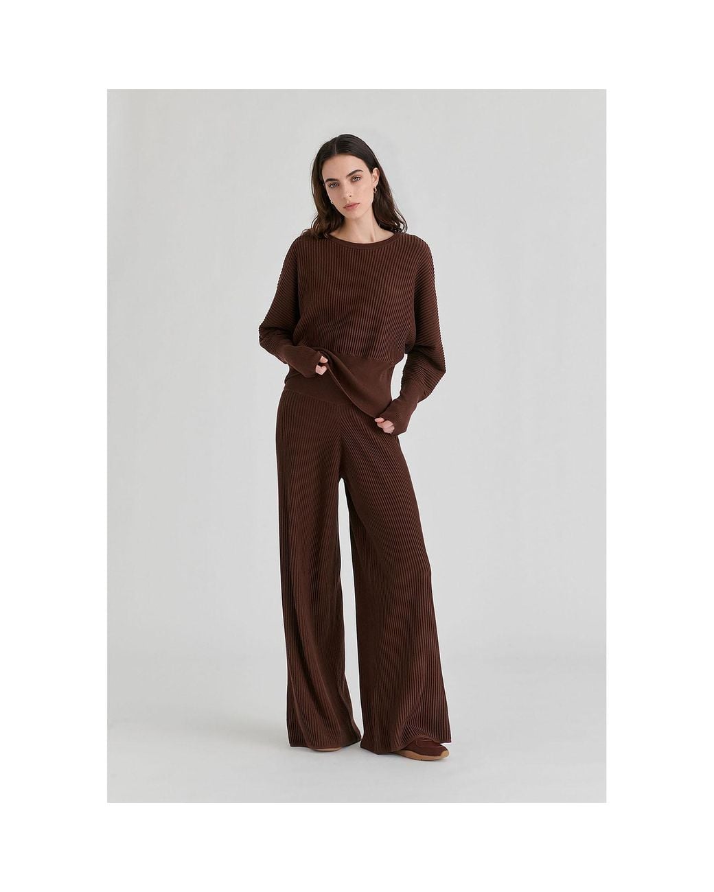 Paisie Brown Ribbed Trousers With Wide Waistband