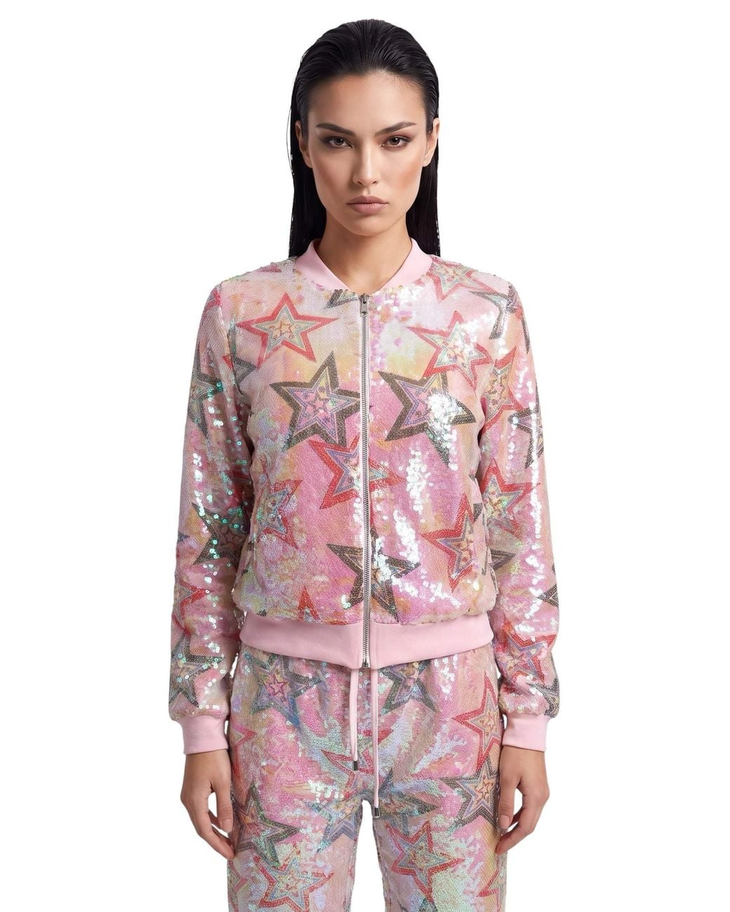 Any Old Iron Multicolor Iridescent Star Sequin Bomber Jacket