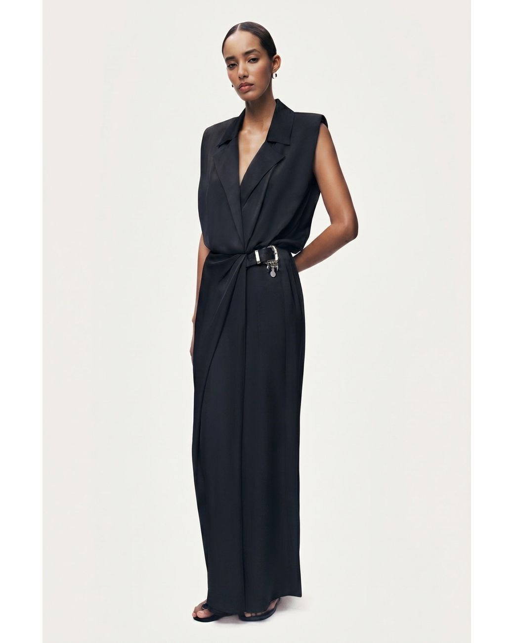 Nocturne Black Embellished Belt-Detail Maxi Dress