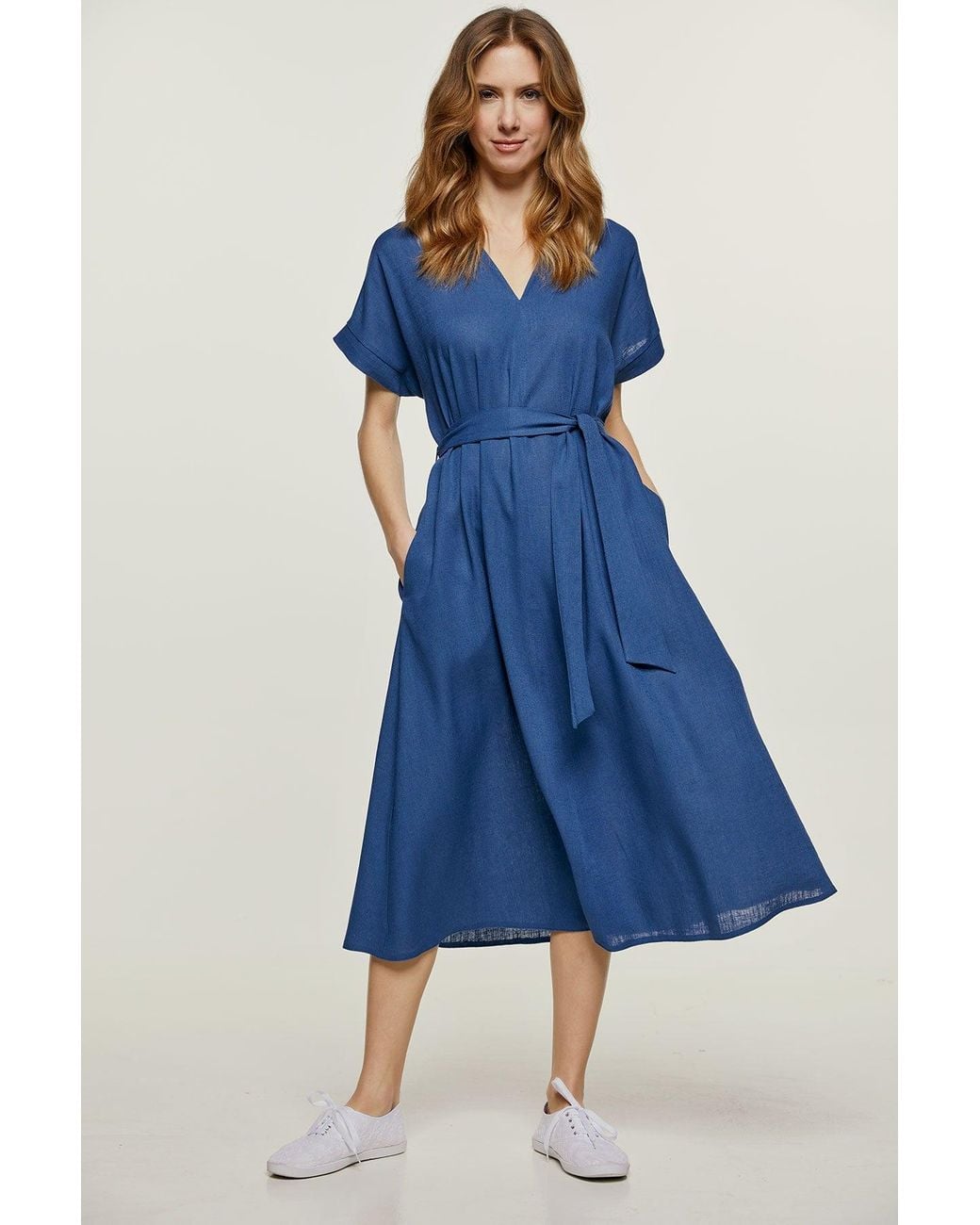 Conquista Blue Linen Style Belted Midi Dress