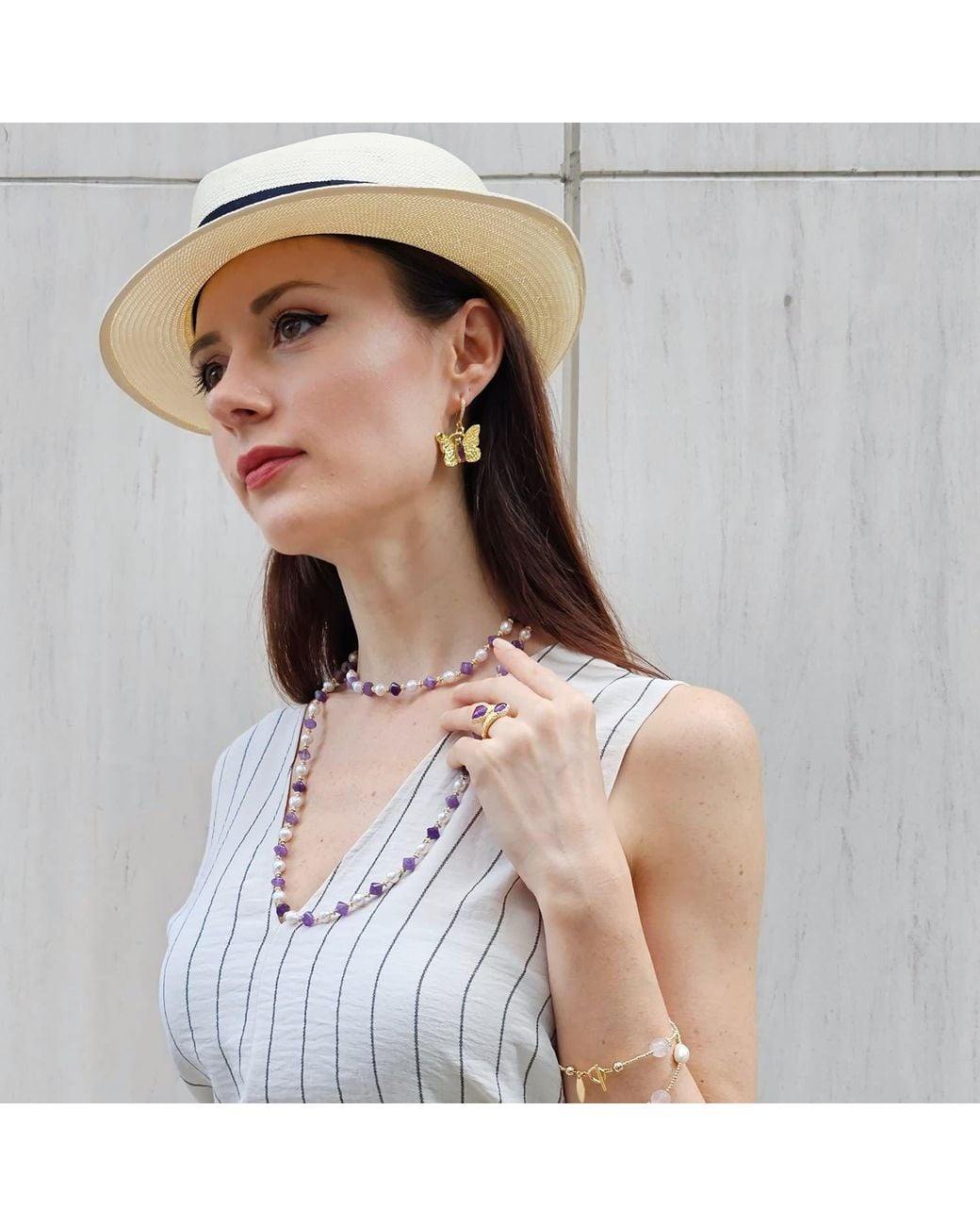 Farra Metallic Freshwater Pearls With Amethyst Long Versatile Necklace
