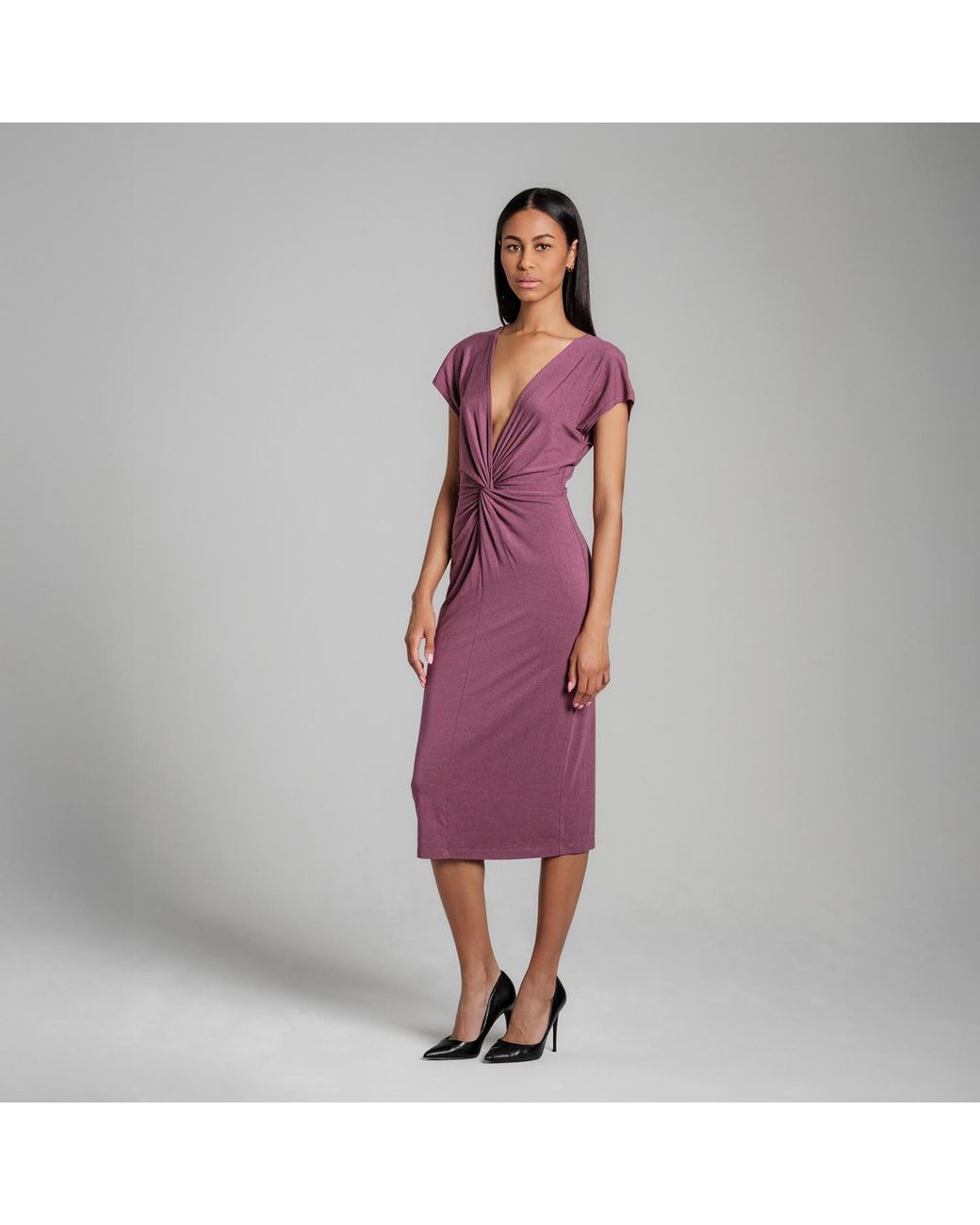 Imaatu Purple Masee Plunge Deep V-Neck Knot Bamboo Midi Dress Berry