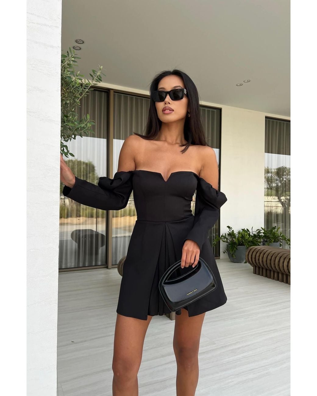 POST MERIDIEM Black Long Sleeve A-Line Mini Dress