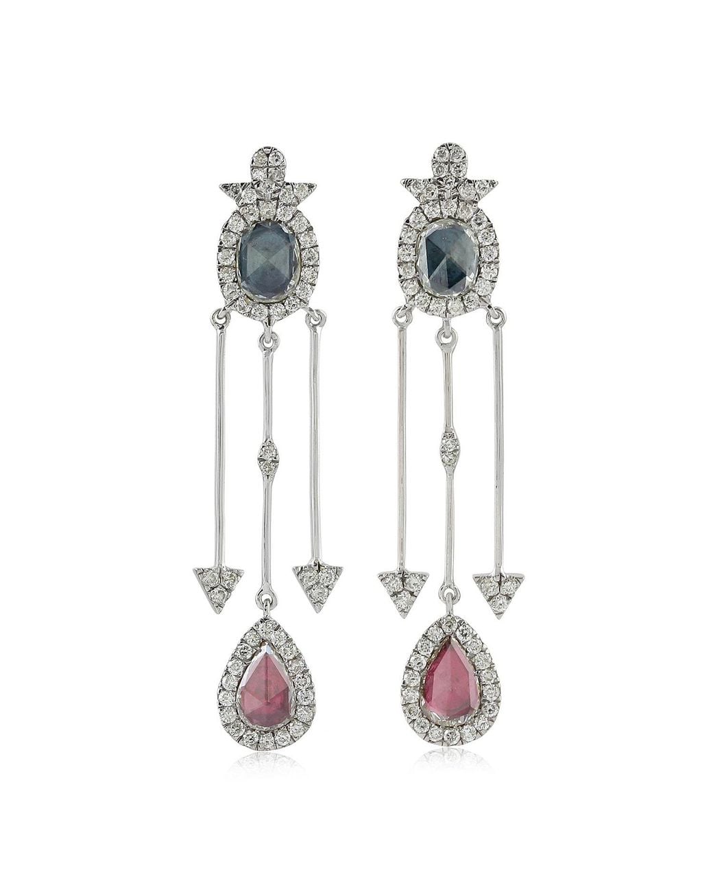 Artisan 18k White Gold Multi Color Diamond Dangle Earrings Designer Jewelry