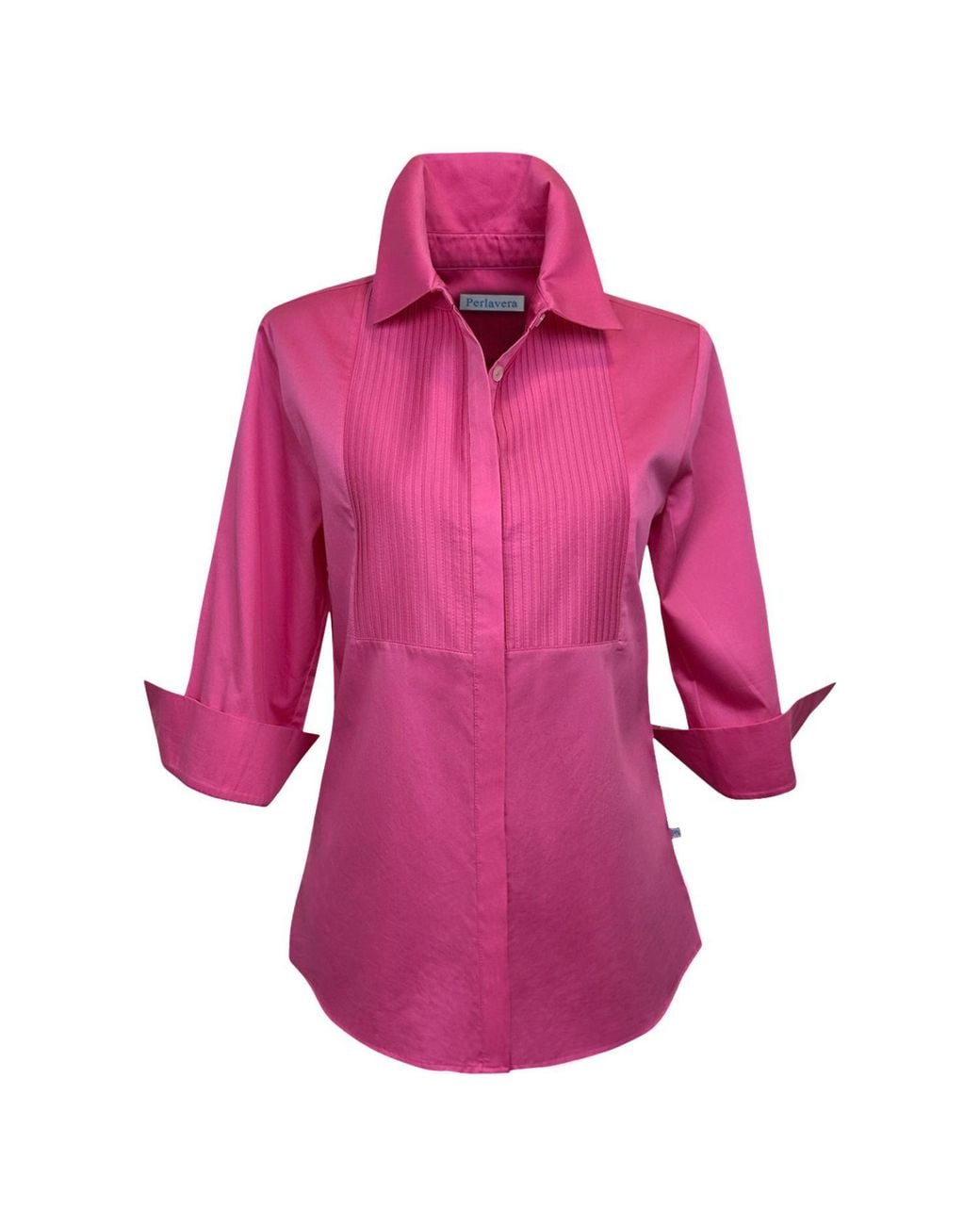 Perlavera Pink Cintuck Satin Three Quarter Sleeve Slim Fit Pintuck Shirt