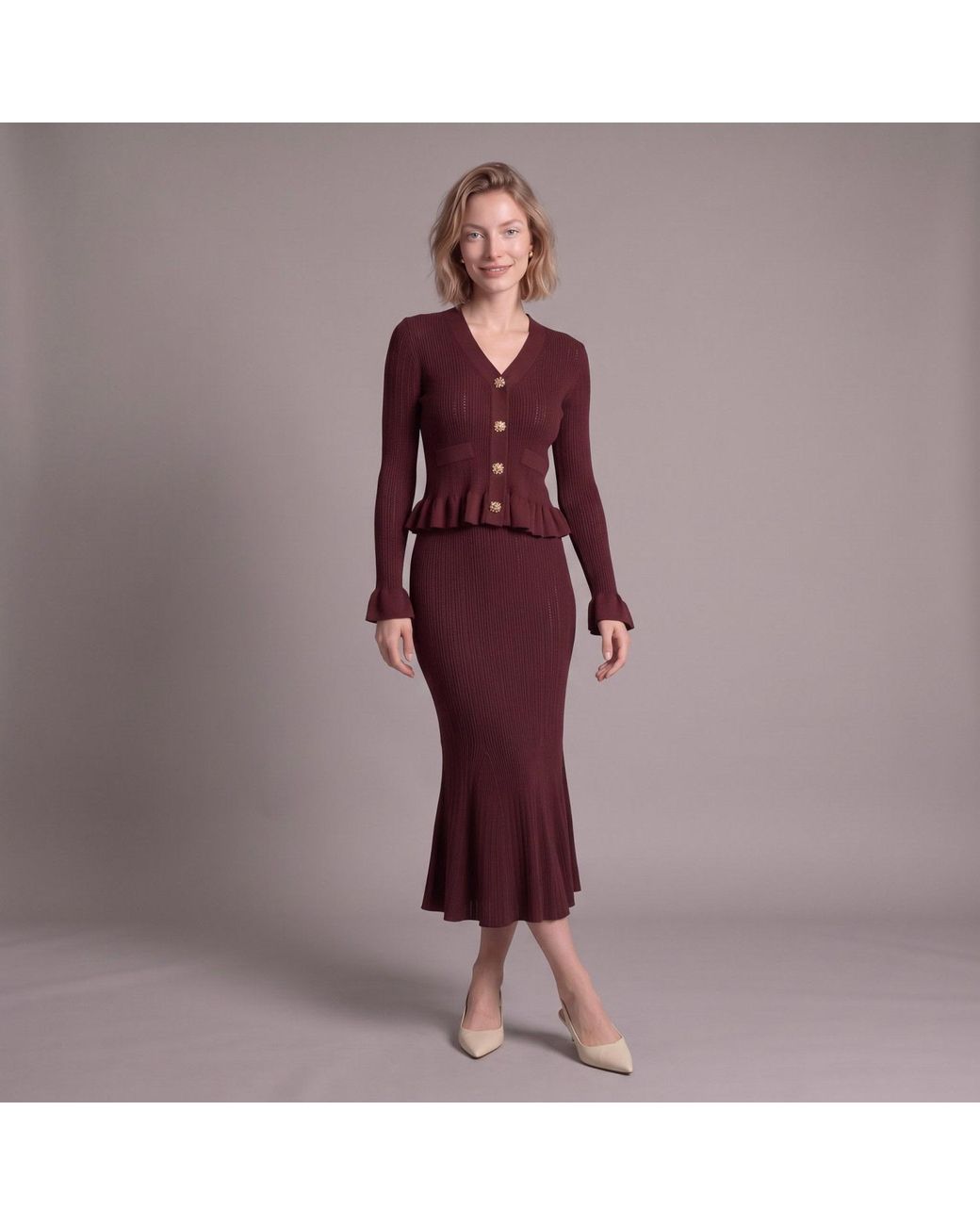 Modenaire Red Pointelle Knit Peplum Cardigan And Midi Skirt Set