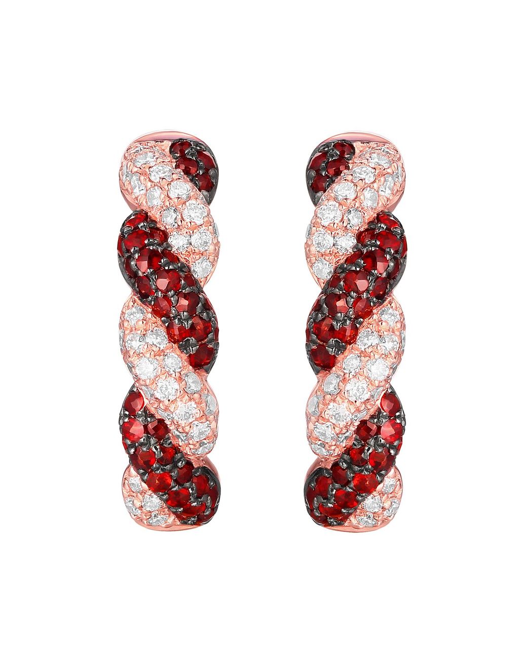 Artisan Red Rose 14K Rose Garnet & Diamond Twisted Hoop Earrings