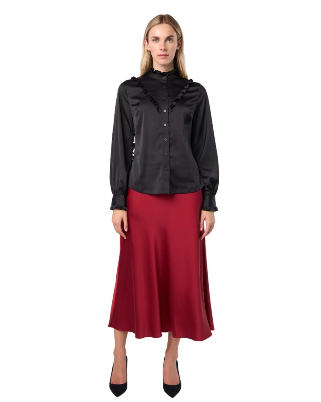 Carloslines Black Ruffle Stand Collar Long Sleeve Shirt
