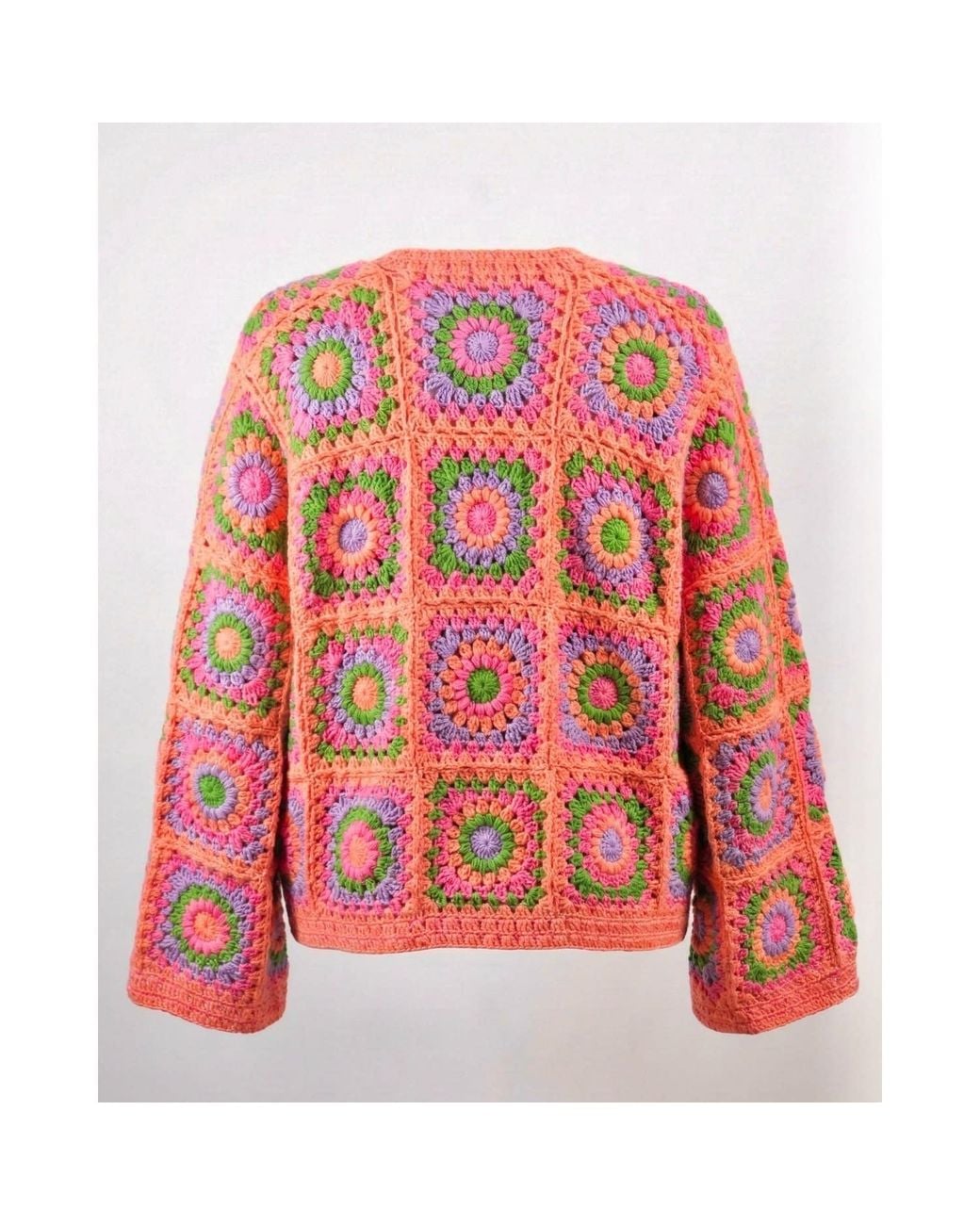 Ana Chic Red Coral Granny Square Handmade Crochet Cardigan