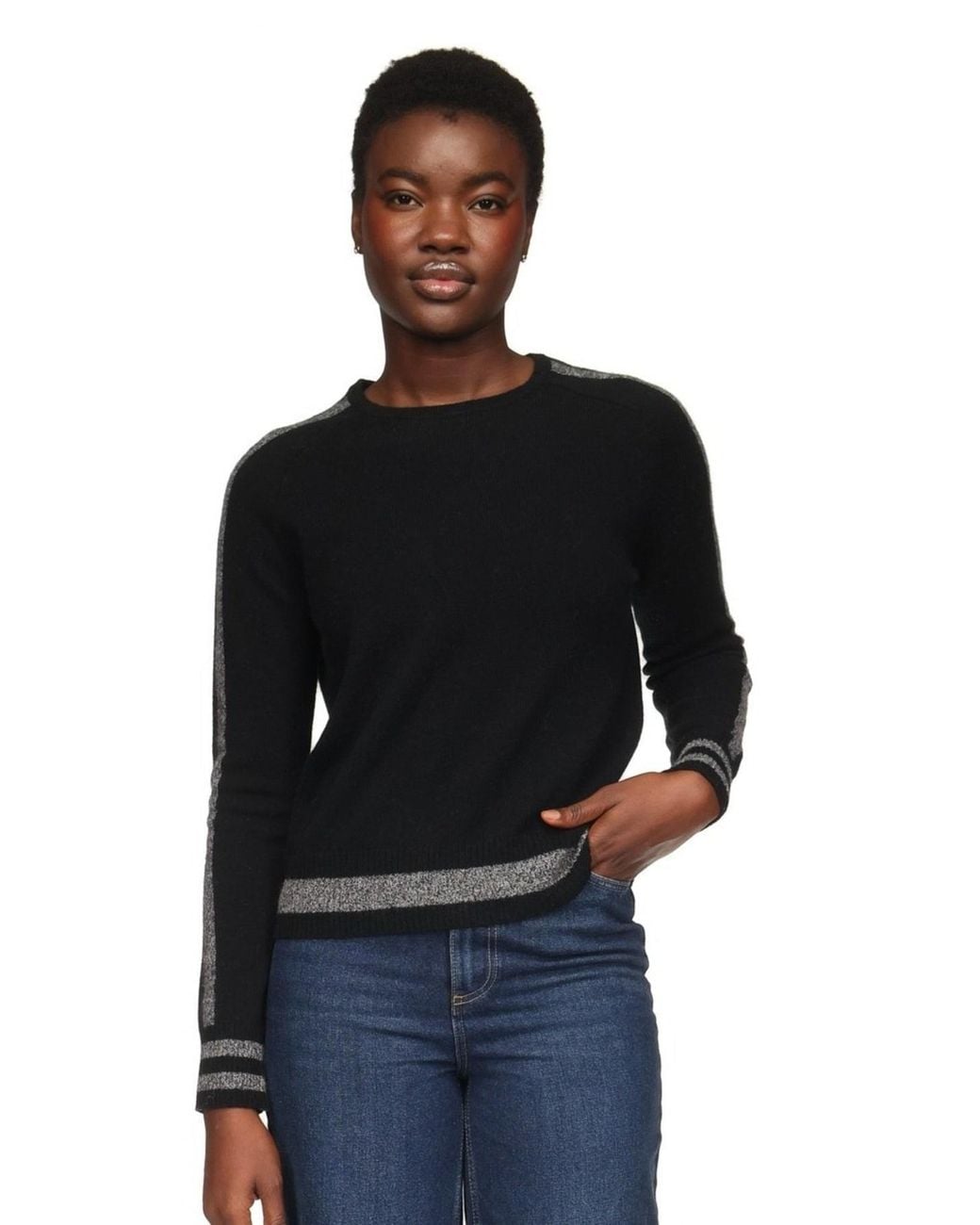 Brodie Cashmere Black Cathy Sleeve Stripe Crew