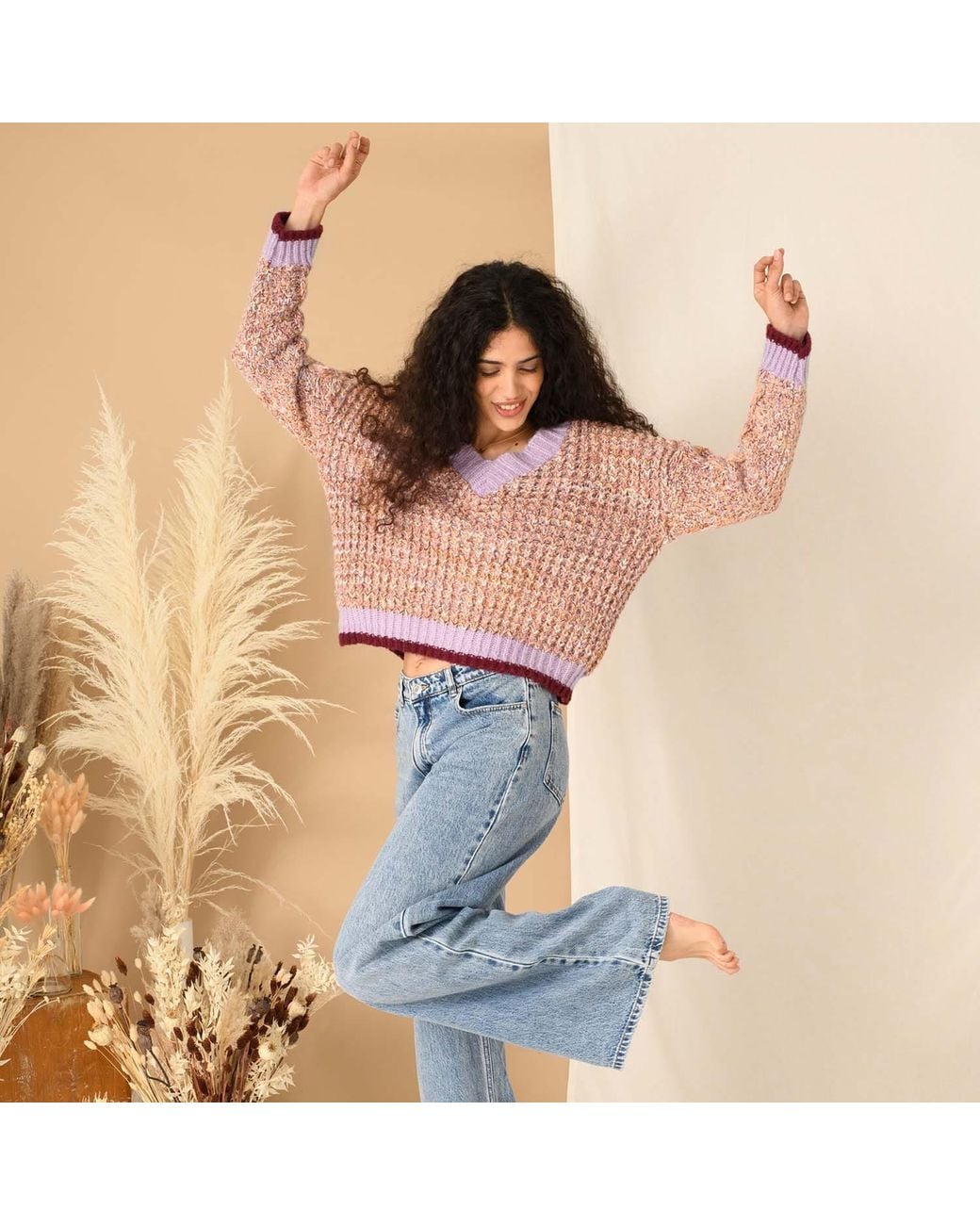 Cara & The Sky Pink Amy V-neck Cable Jumper