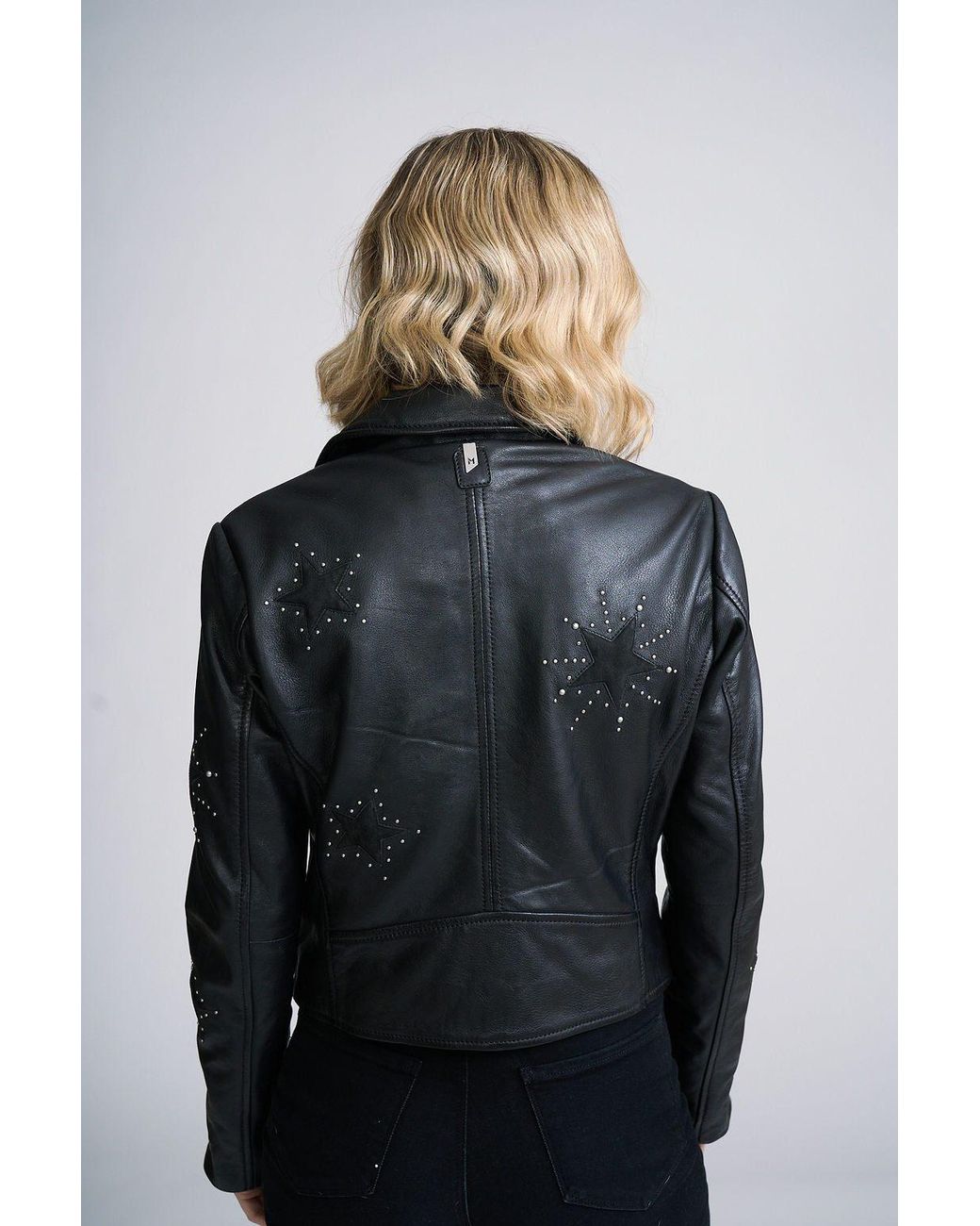 Mauritius Black Leather Moto Jacket With Star Appliqués & Studs Soraya