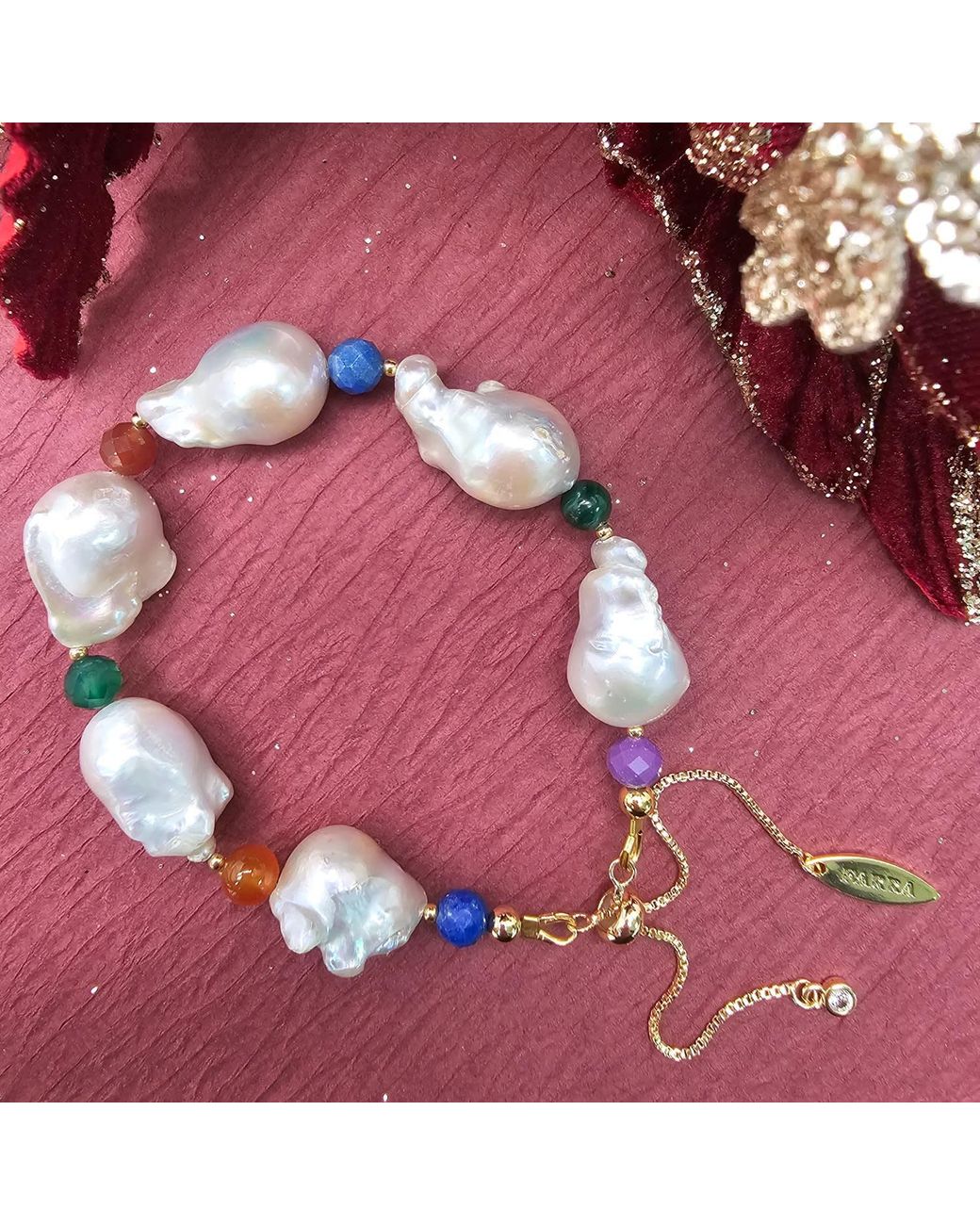 Farra Metallic Baroque Pearl With Colorful Gemstone Bracelet