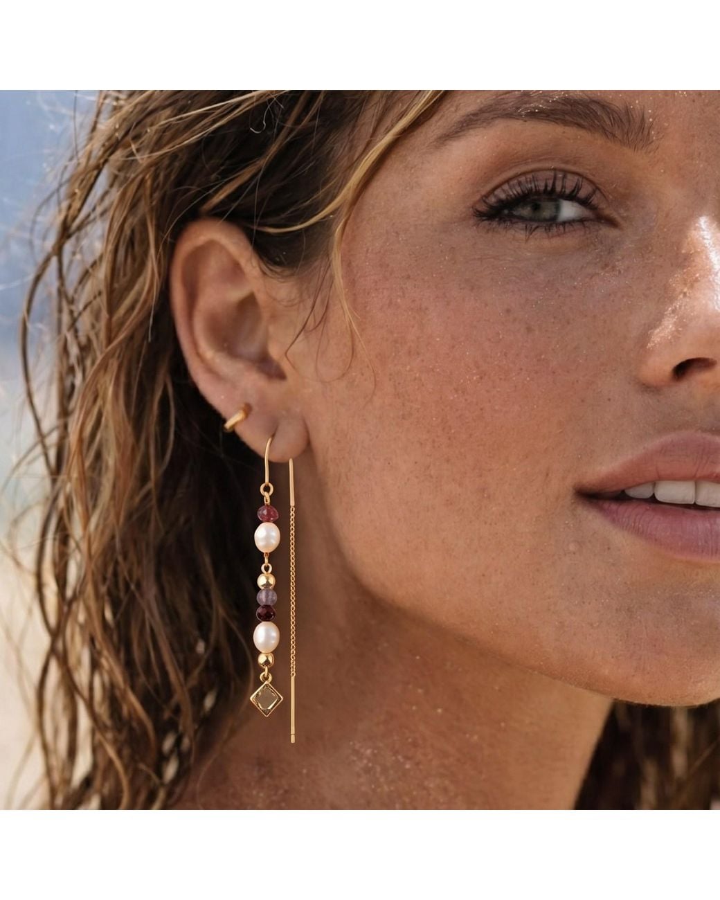 With Love Darling White Community Pearl Chain Earring Amethyst
