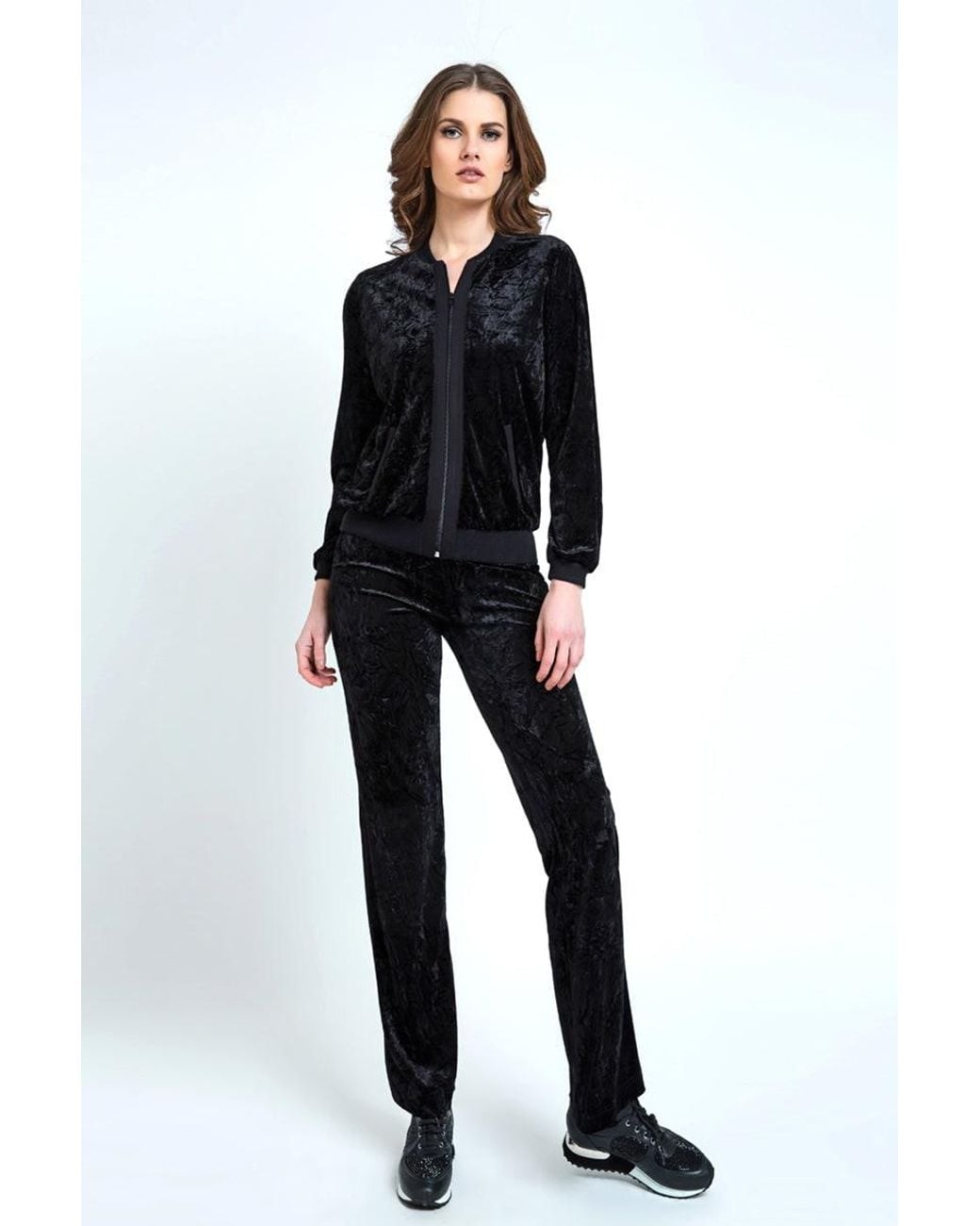 Conquista Black Crushed Velvet Straight Leg Pants With Elasticated Waistband By Fashion