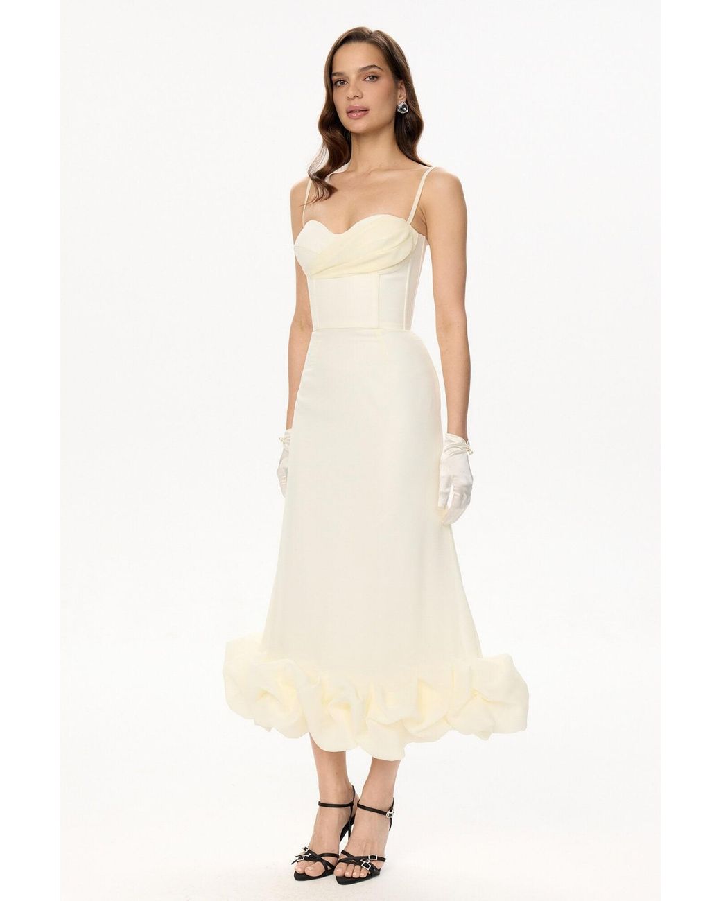 POST MERIDIEM White Ivory Draped Bodice Bottom Flounced Bustier Dress