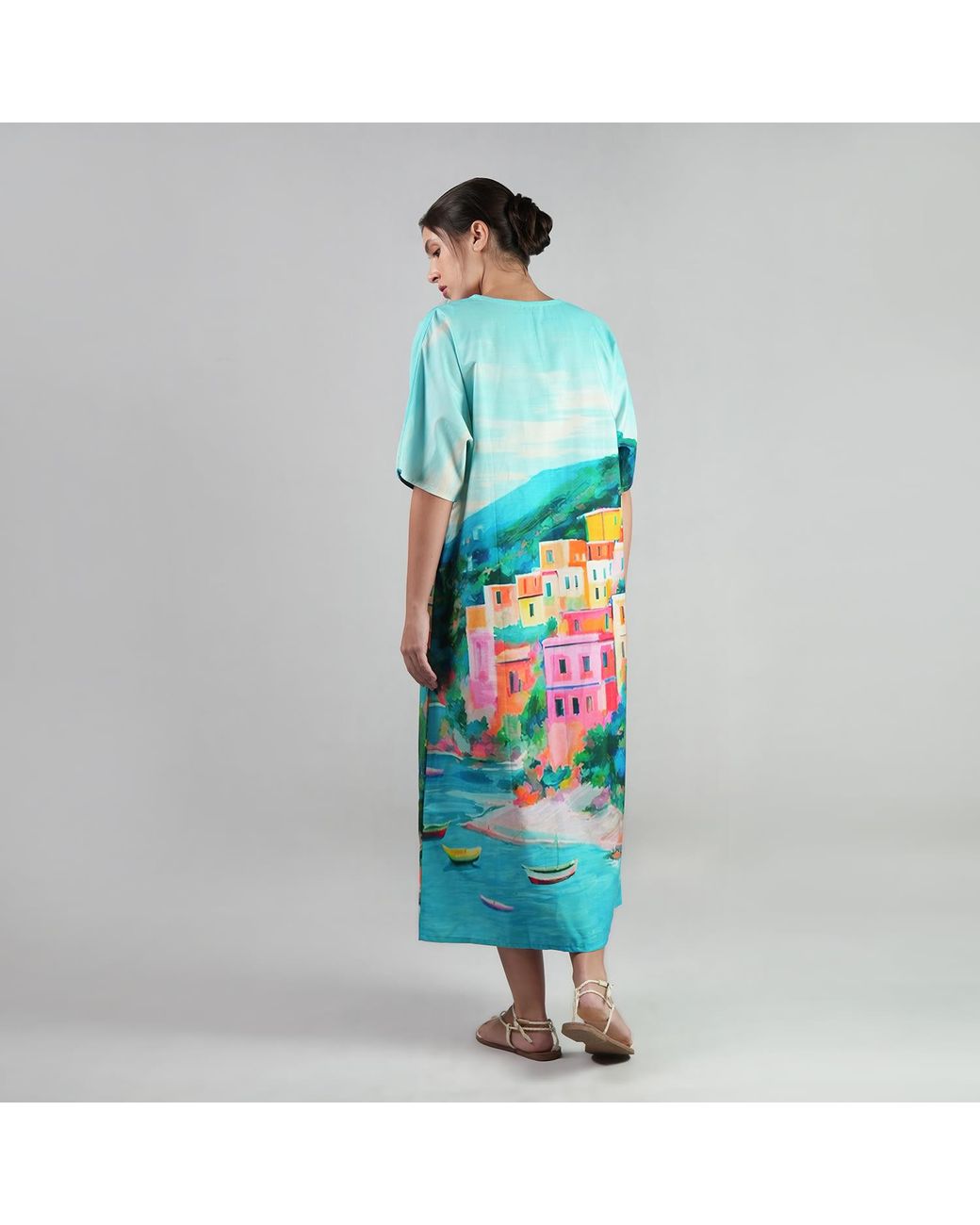 DHARA SHETH DUBAI Blue La Dolce Riviera Mediterraneanvintage Look Long Cotton Kaftan Dress With Pockets